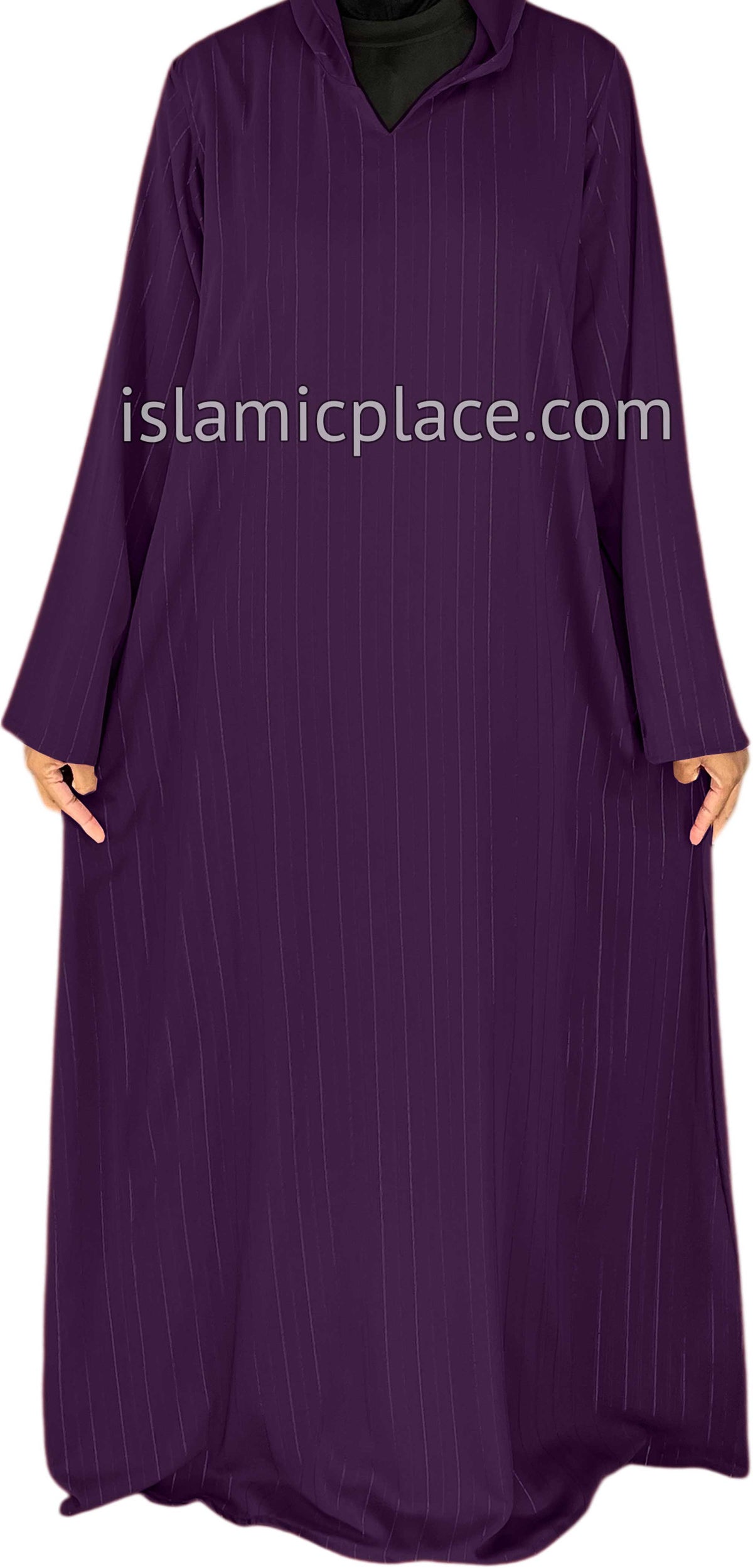 Plum - Haleema Style Moroccan Hooded Abaya with Gold Pinstripe