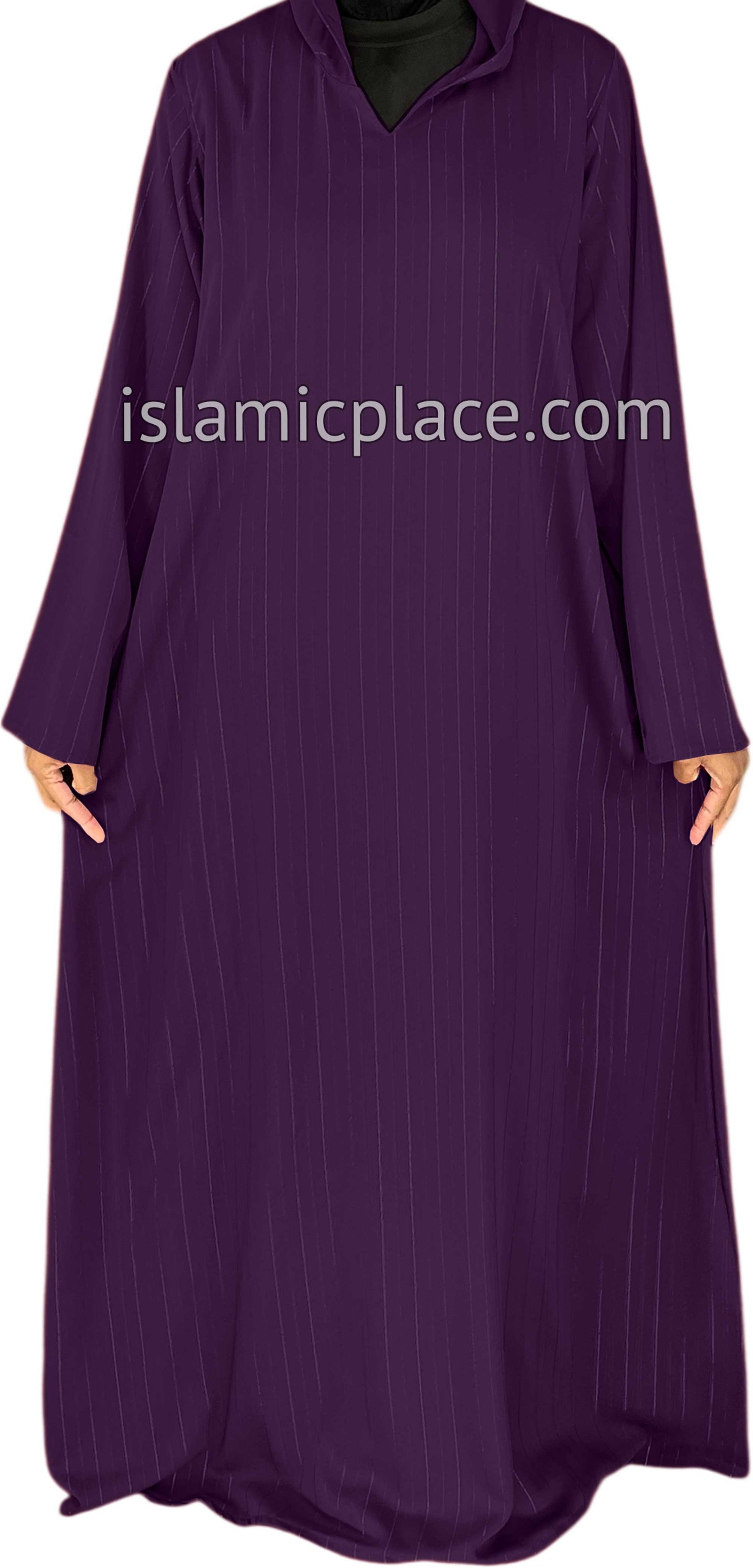 Plum - Haleema Style Moroccan Hooded Abaya with Gold Pinstripe