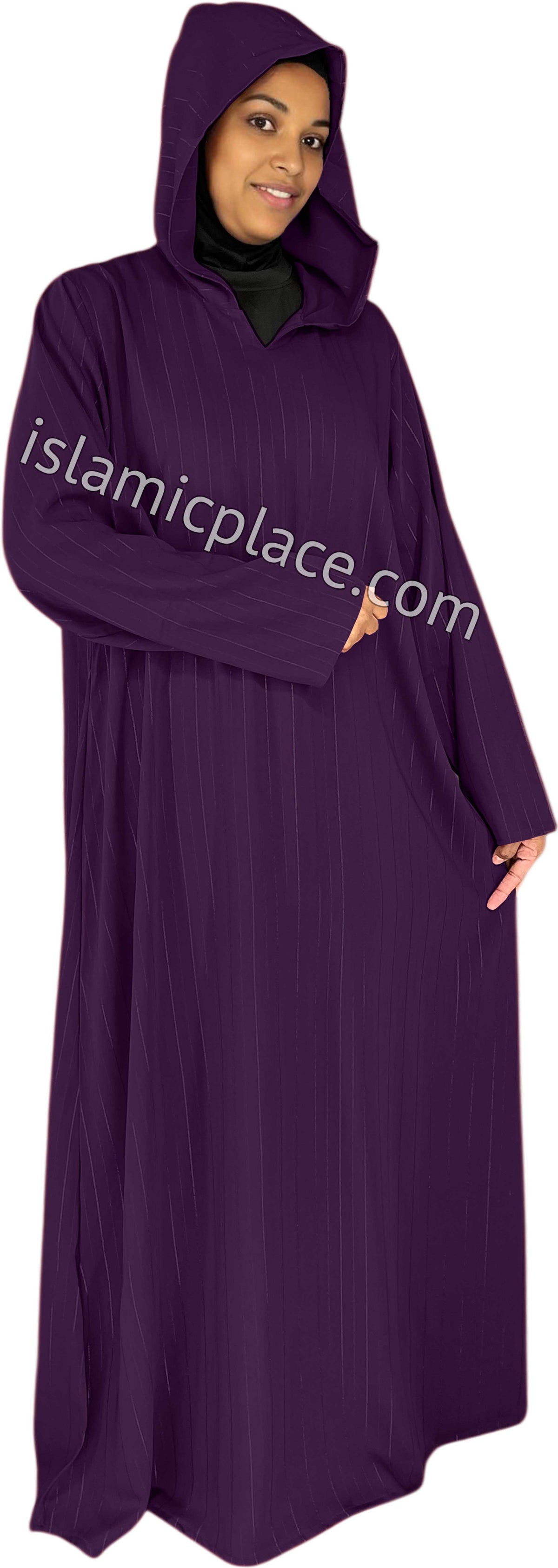 Plum - Haleema Style Moroccan Hooded Abaya with Gold Pinstripe
