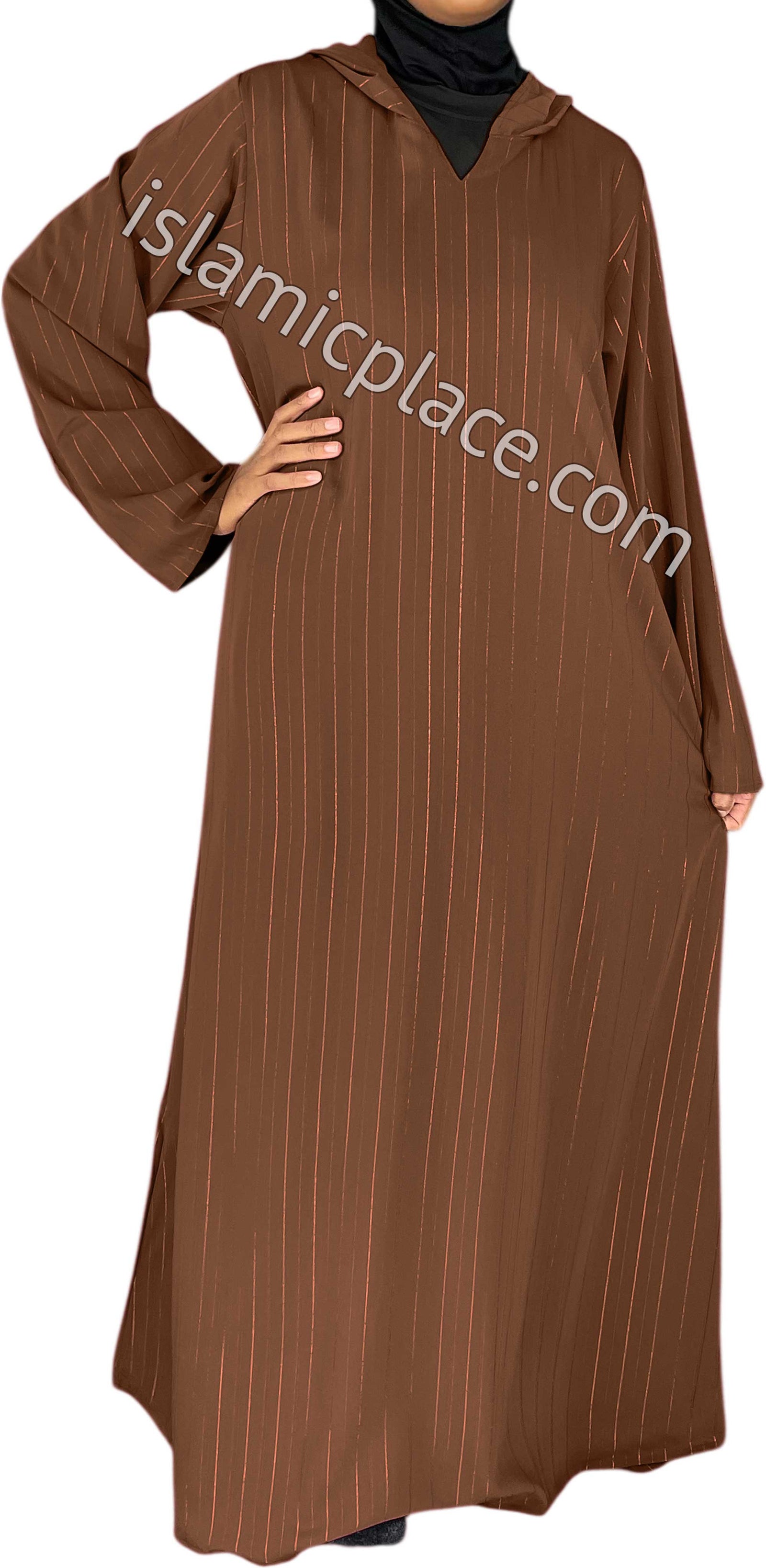 Rust - Haleema Style Moroccan Hooded Abaya with Gold Pinstripe