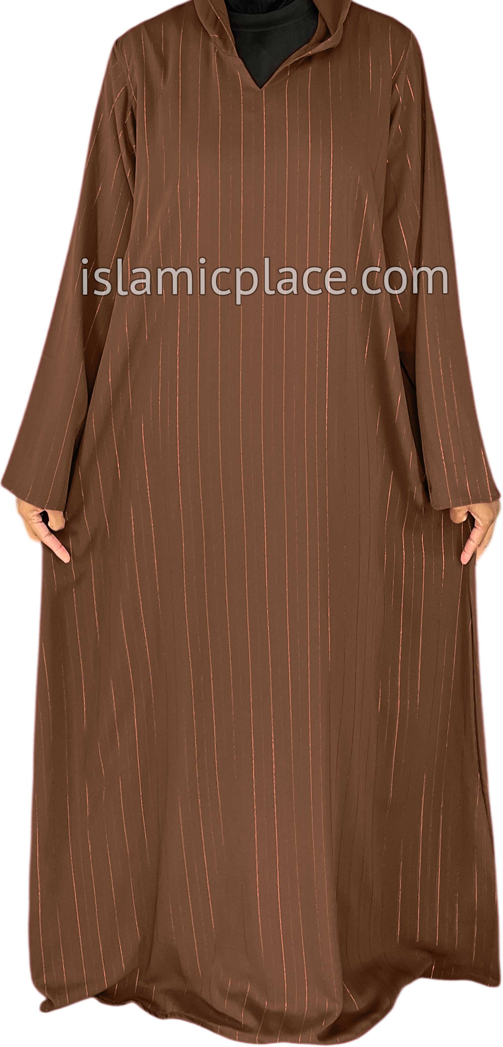 Rust - Haleema Style Moroccan Hooded Abaya with Gold Pinstripe