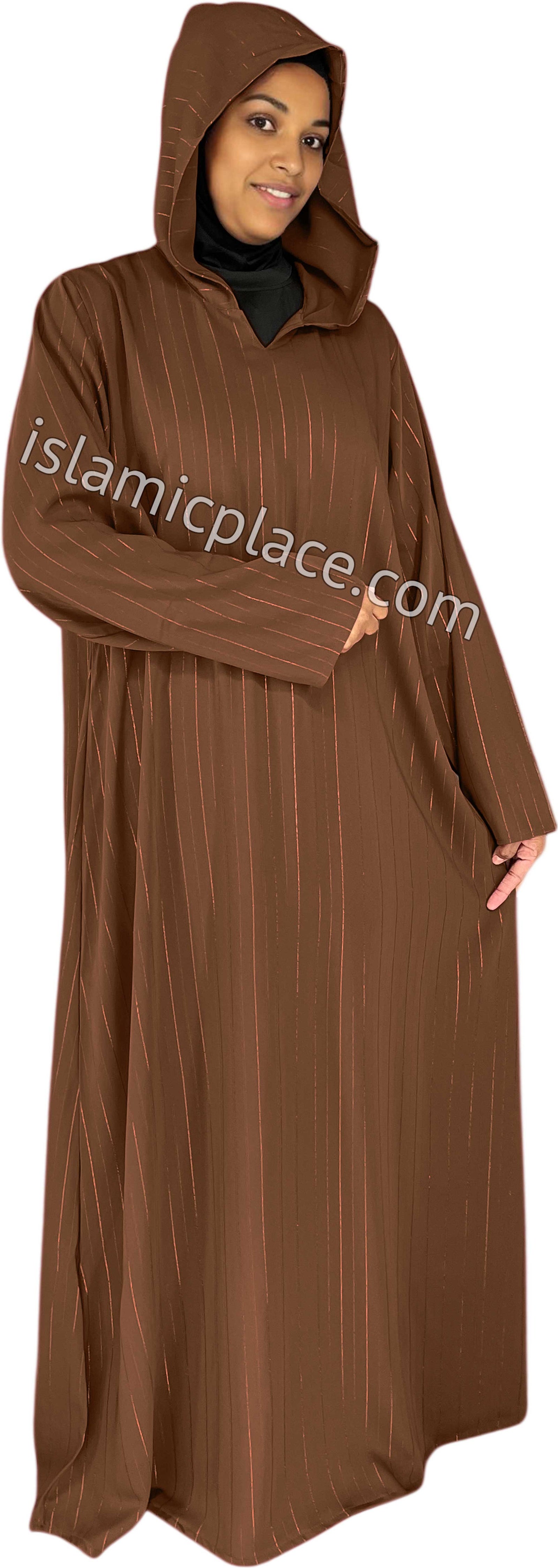 Rust - Haleema Style Moroccan Hooded Abaya with Gold Pinstripe