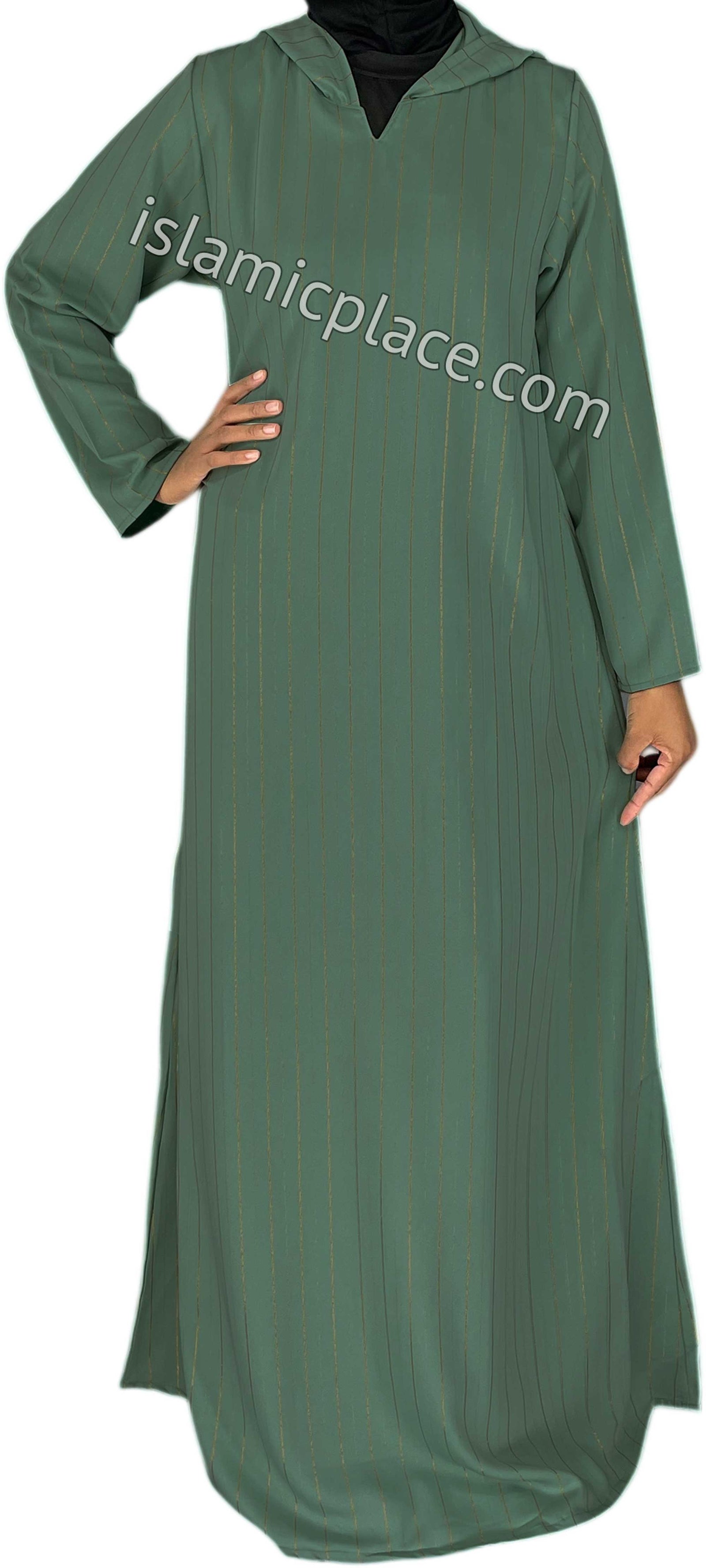 Sage Green - Haleema Style Moroccan Hooded Abaya with Gold Pinstripe