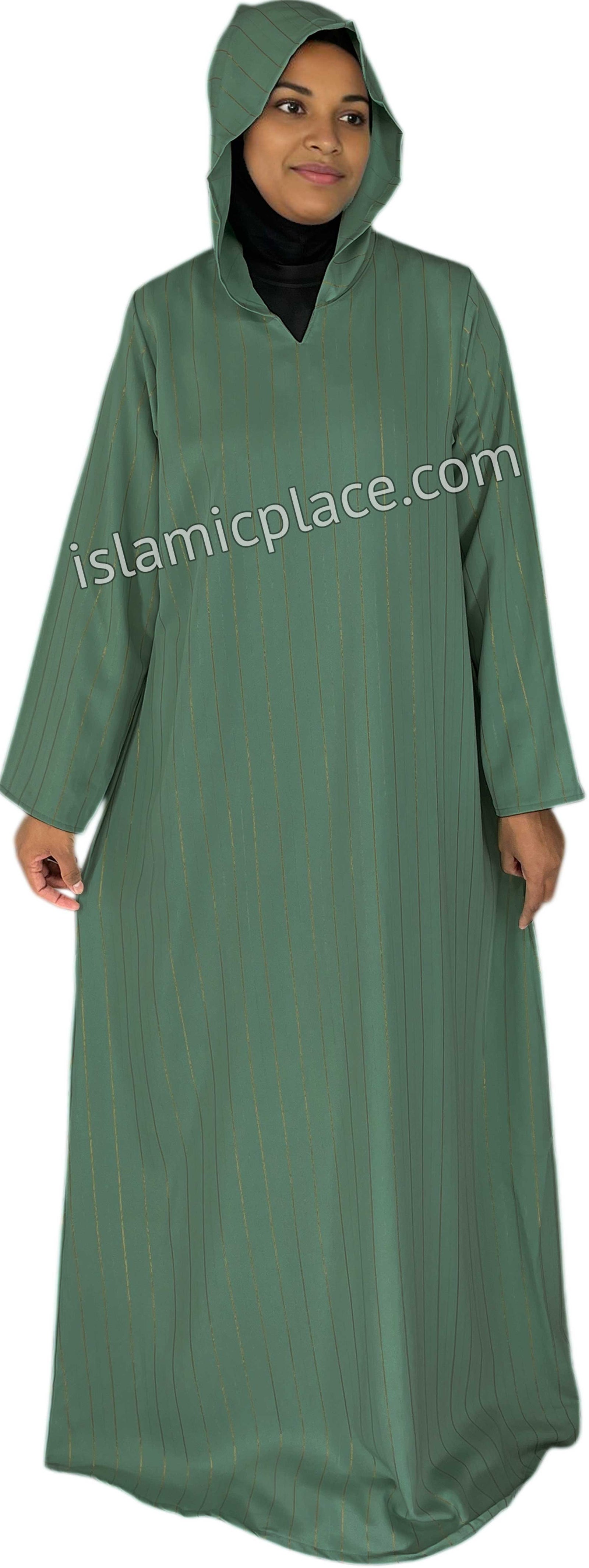 Sage Green - Haleema Style Moroccan Hooded Abaya with Gold Pinstripe