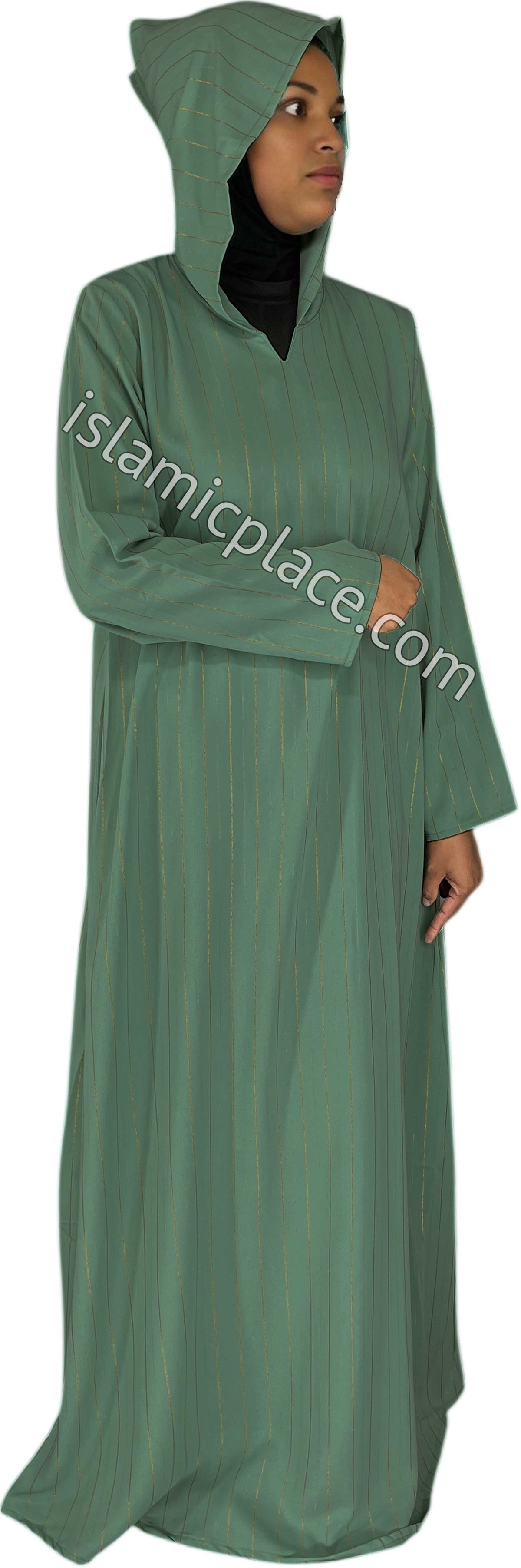 Sage Green - Haleema Style Moroccan Hooded Abaya with Gold Pinstripe