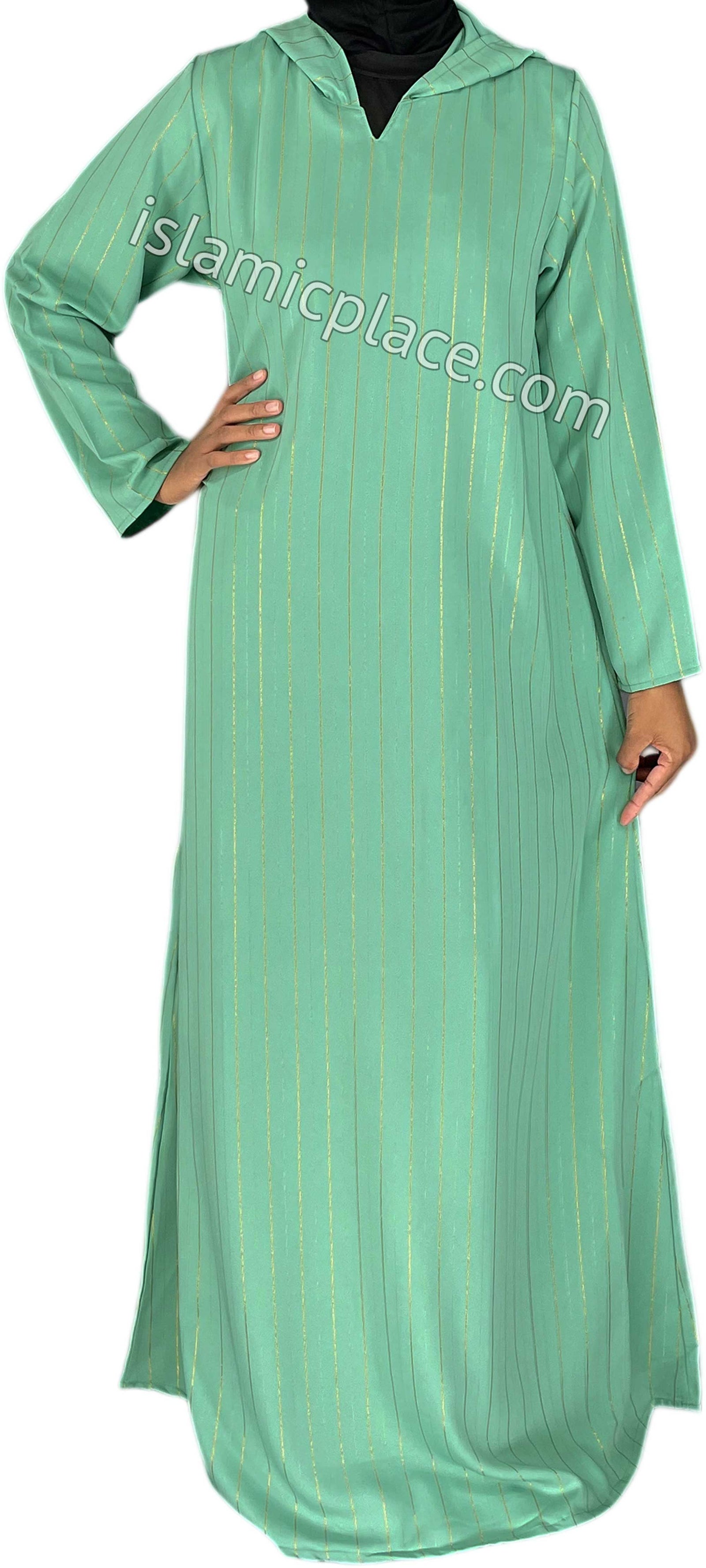 Seafoam Green - Haleema Style Moroccan Hooded Abaya with Gold Pinstripe
