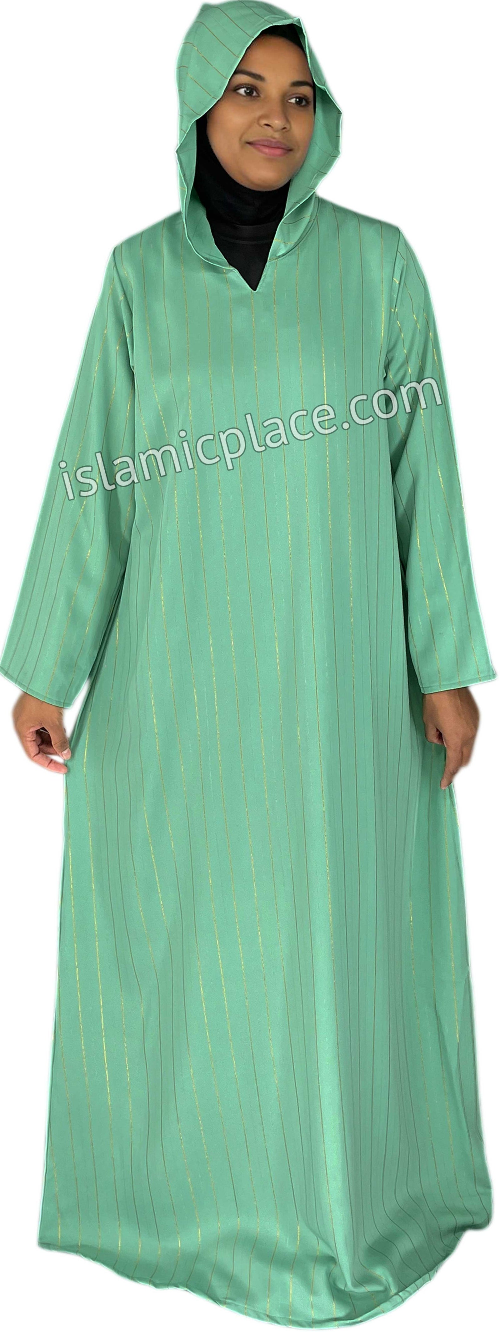 Seafoam Green - Haleema Style Moroccan Hooded Abaya with Gold Pinstripe