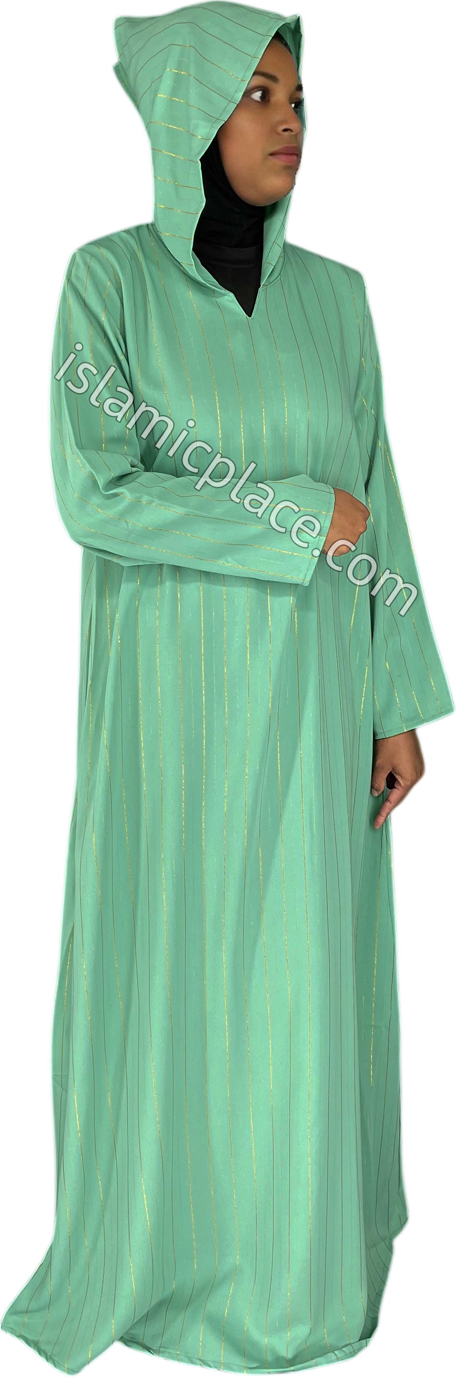 Seafoam Green - Haleema Style Moroccan Hooded Abaya with Gold Pinstripe