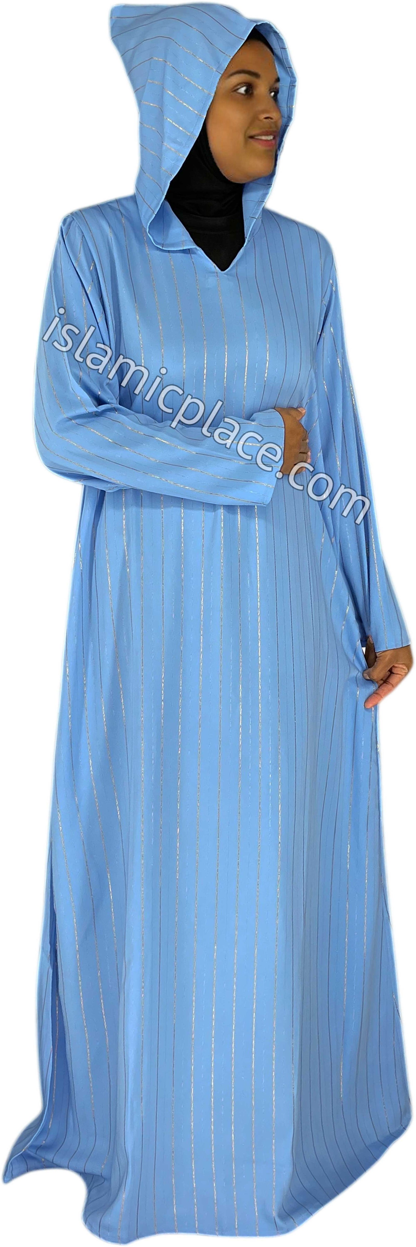 Sky Blue - Haleema Style Moroccan Hooded Abaya with Gold Pinstripe