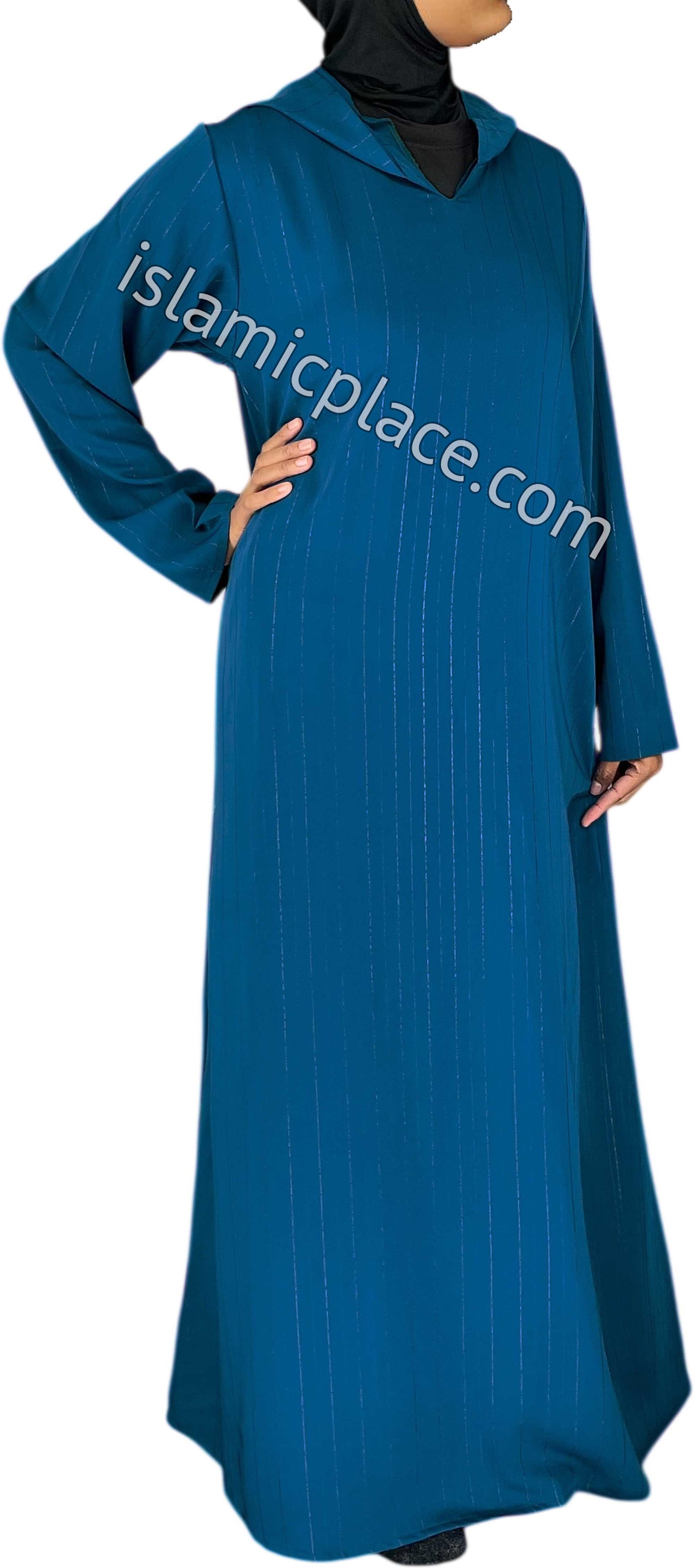 Teal Blue - Haleema Style Moroccan Hooded Abaya with Gold Pinstripe