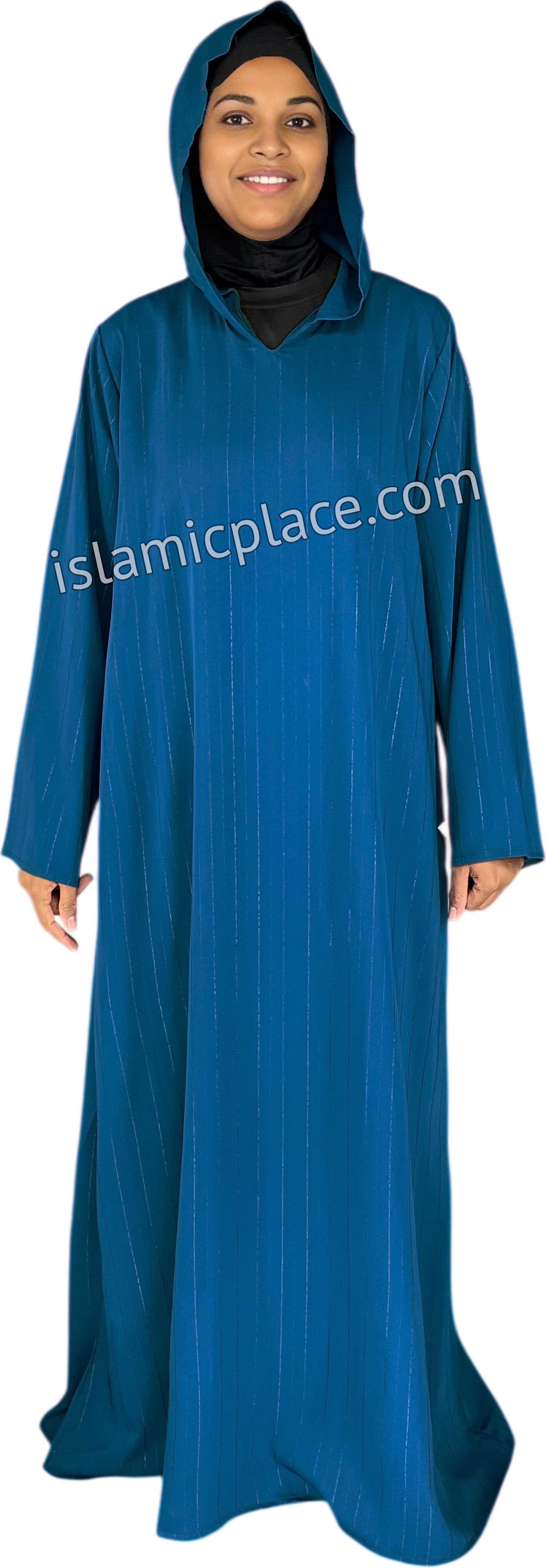 Teal Blue - Haleema Style Moroccan Hooded Abaya with Gold Pinstripe