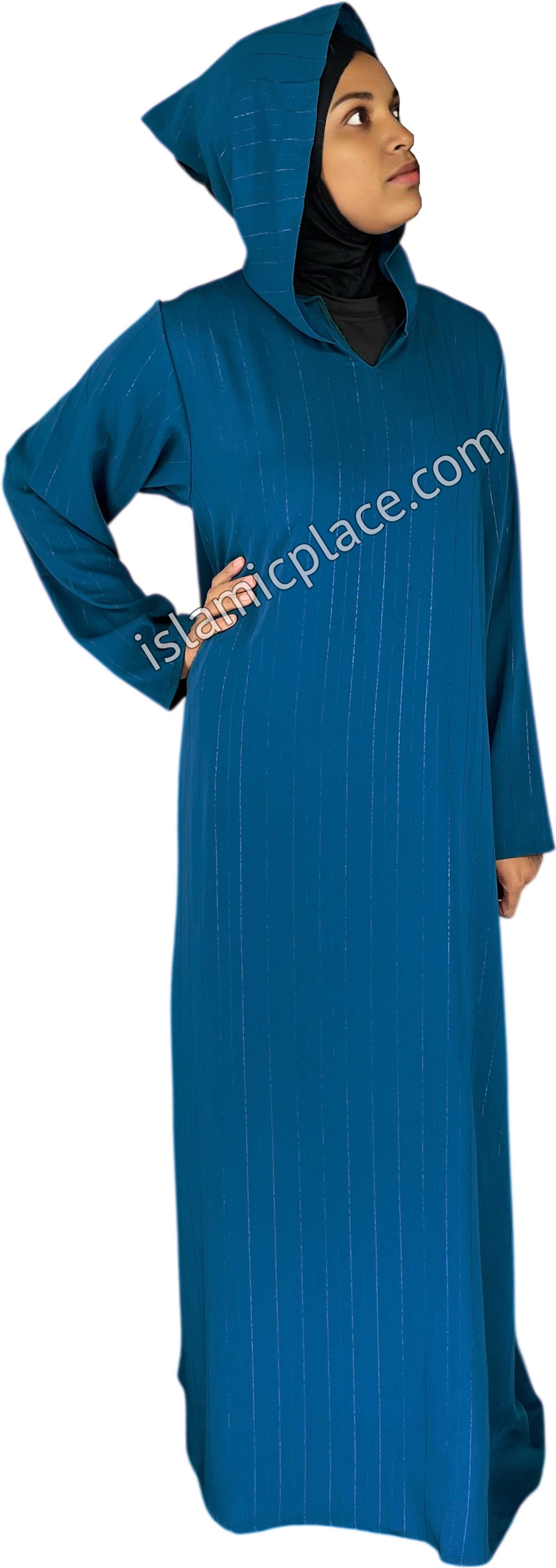 Teal Blue - Haleema Style Moroccan Hooded Abaya with Gold Pinstripe