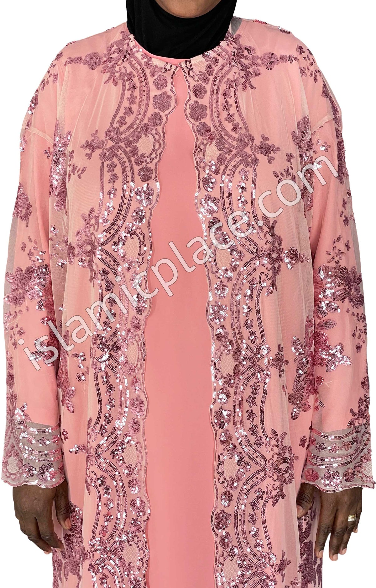 FINAL SALE: Pink - Asma Style Sequins Open Abaya Cardigan