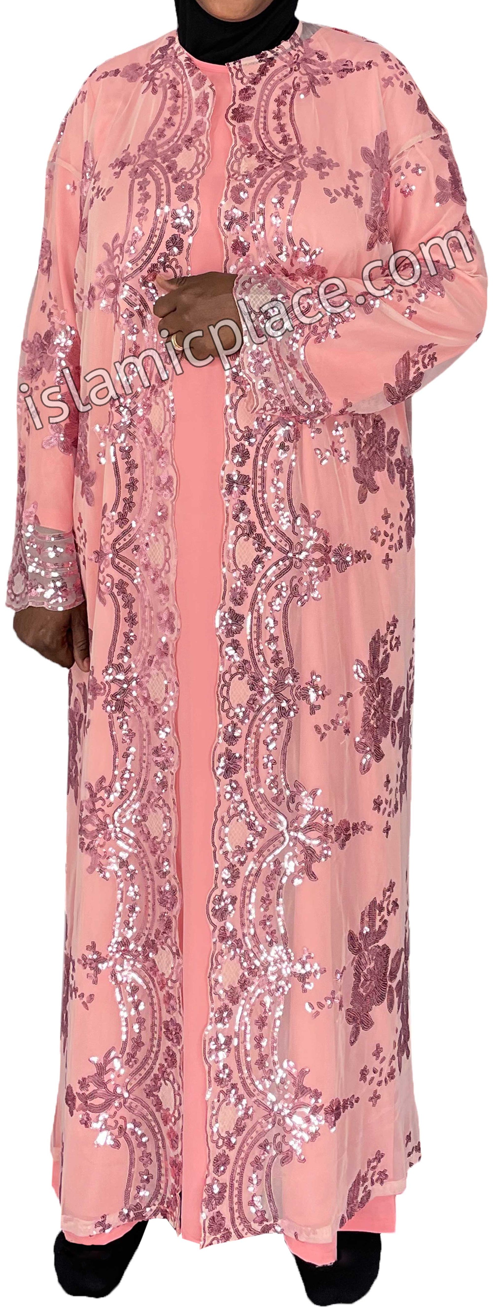 FINAL SALE: Pink - Asma Style Sequins Open Abaya Cardigan