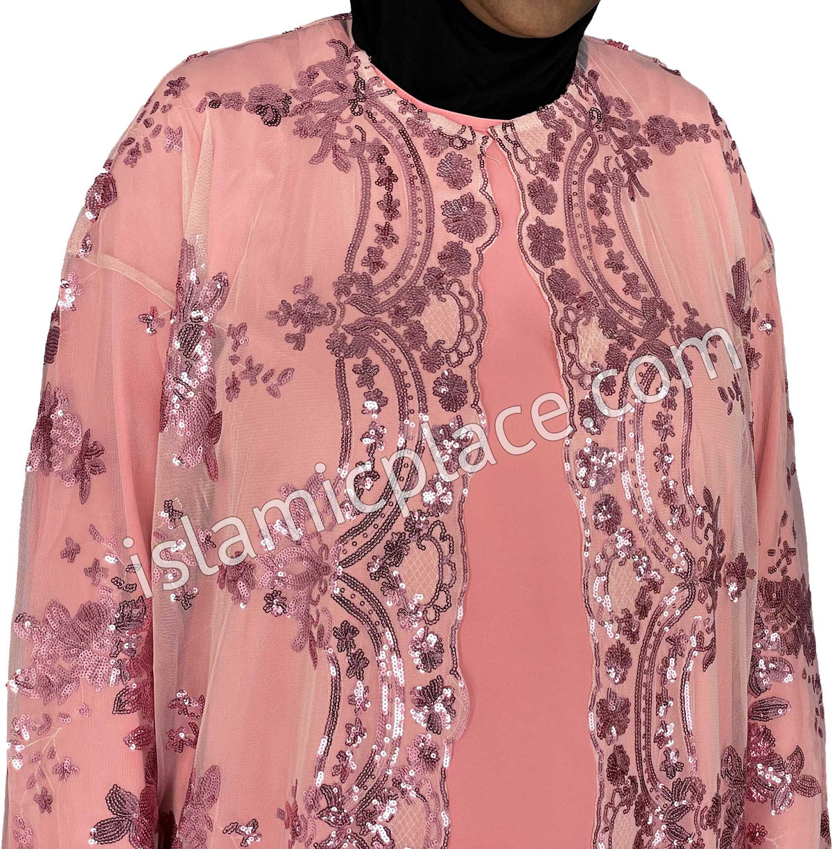 FINAL SALE: Pink - Asma Style Sequins Open Abaya Cardigan