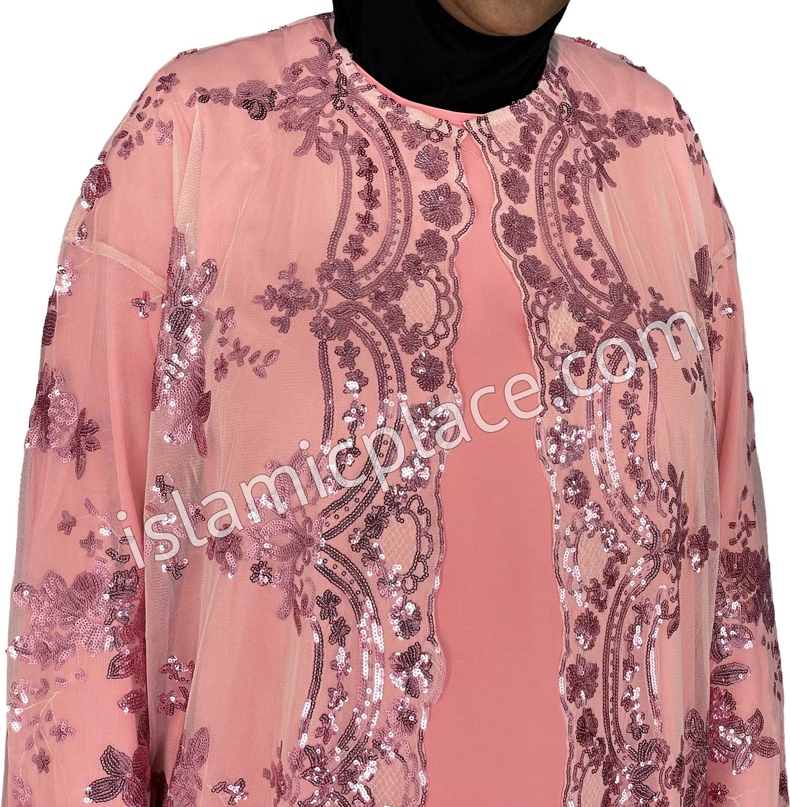 FINAL SALE: Pink - Asma Style Sequins Open Abaya Cardigan