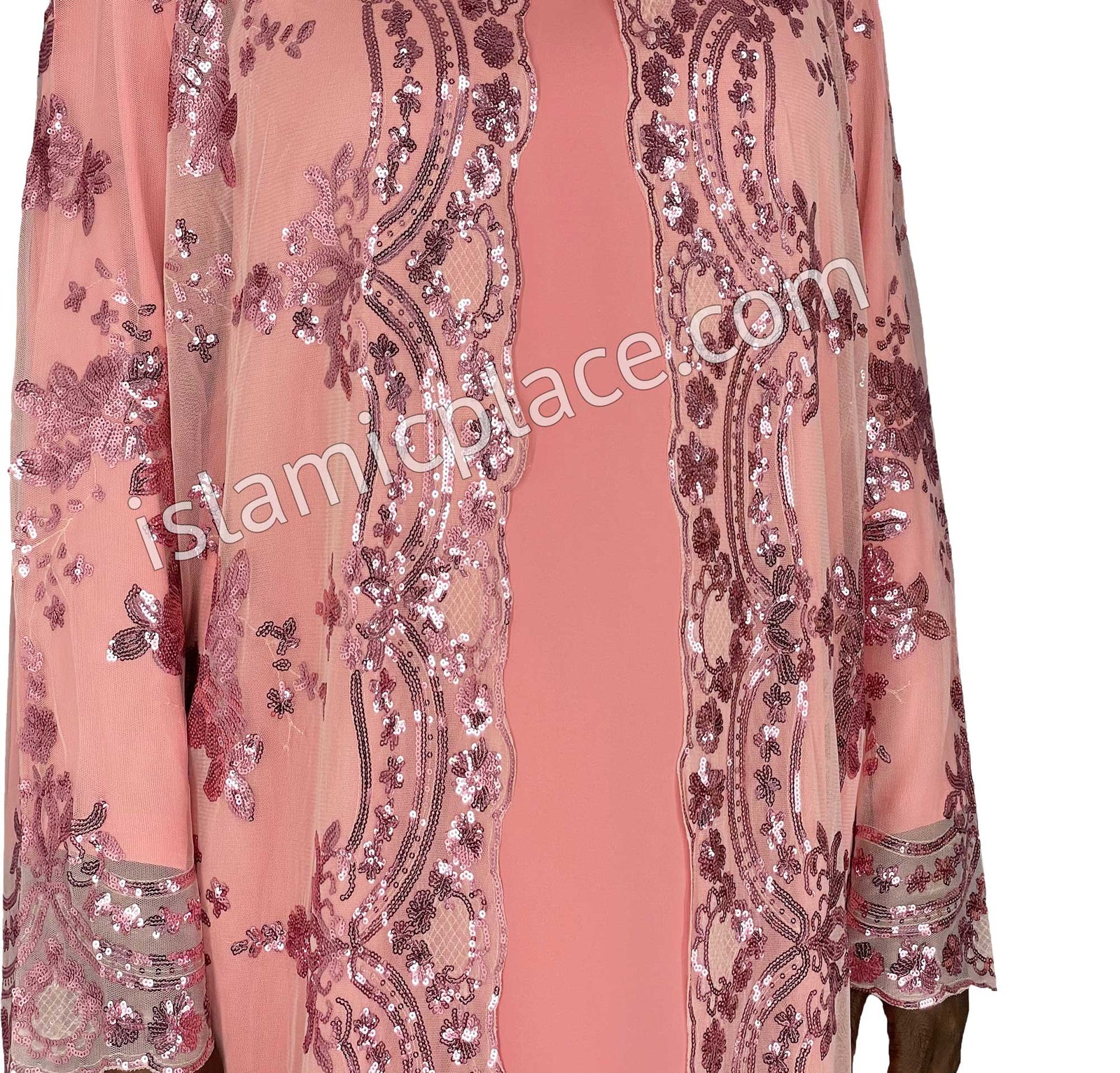 FINAL SALE: Pink - Asma Style Sequins Open Abaya Cardigan