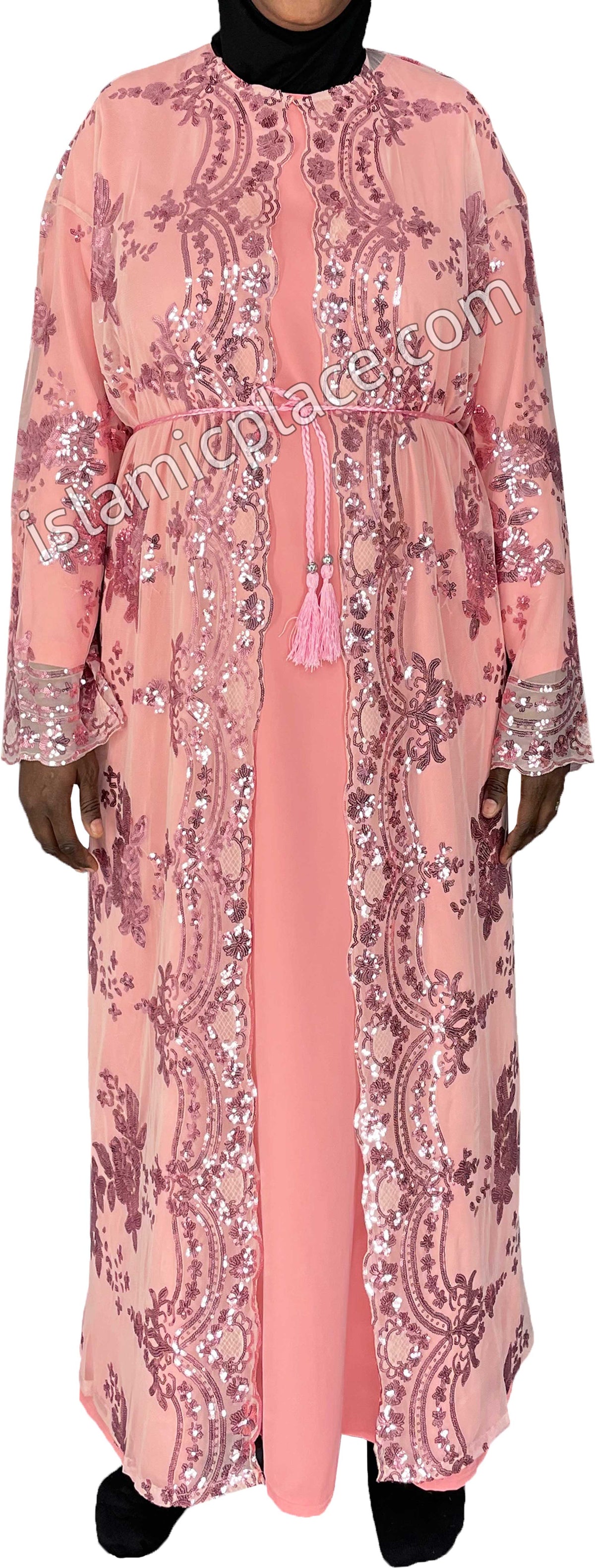 FINAL SALE: Pink - Asma Style Sequins Open Abaya Cardigan