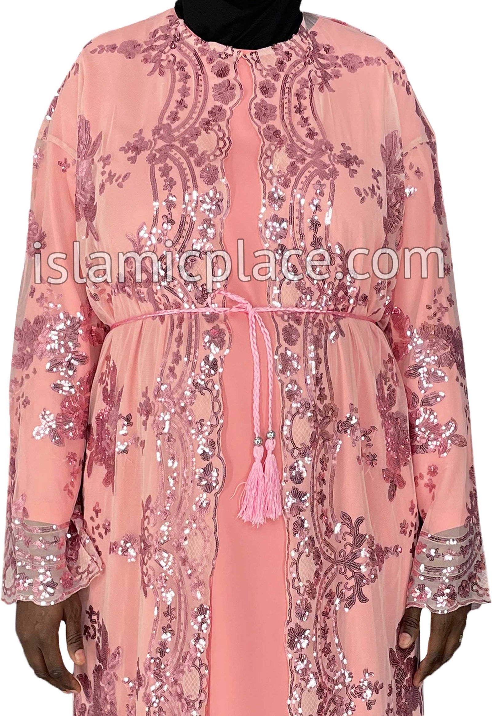 FINAL SALE: Pink - Asma Style Sequins Open Abaya Cardigan
