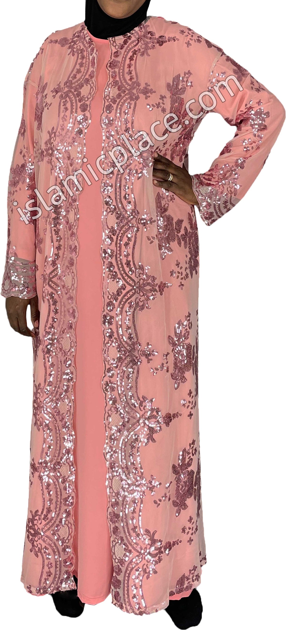 FINAL SALE: Pink - Asma Style Sequins Open Abaya Cardigan