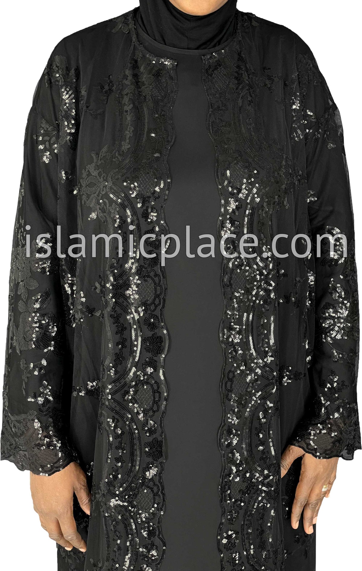 FINAL SALE: Black - Asma Style Sequins Open Abaya Cardigan