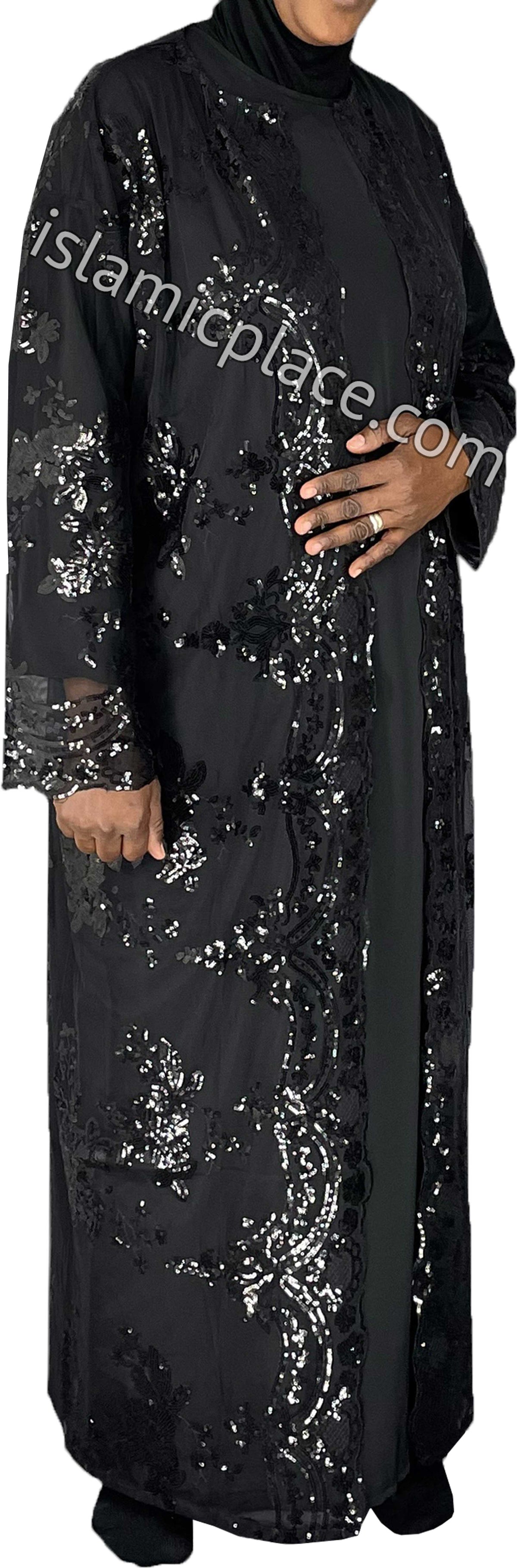 FINAL SALE: Black - Asma Style Sequins Open Abaya Cardigan