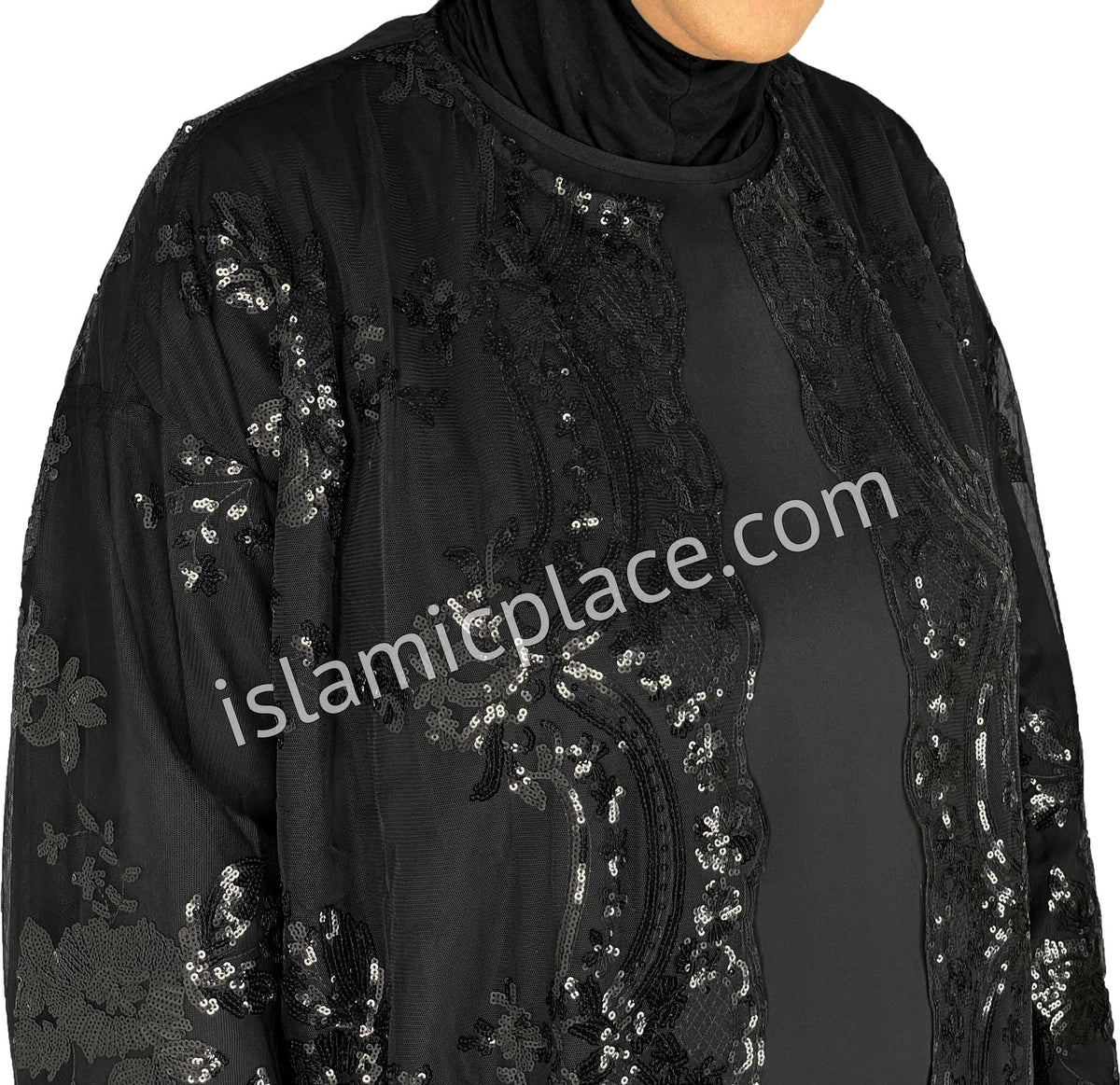 FINAL SALE: Black - Asma Style Sequins Open Abaya Cardigan