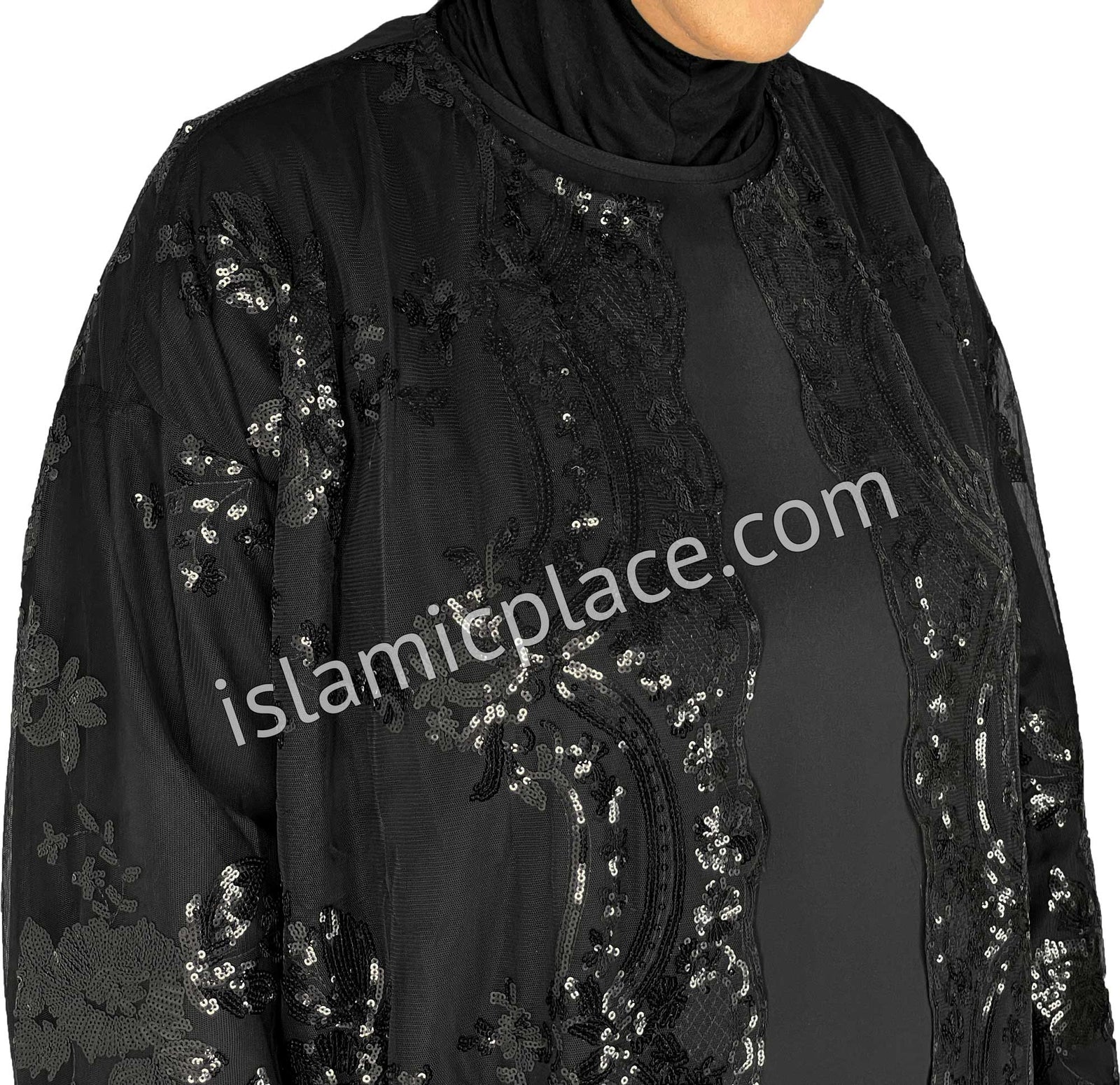 FINAL SALE: Black - Asma Style Sequins Open Abaya Cardigan