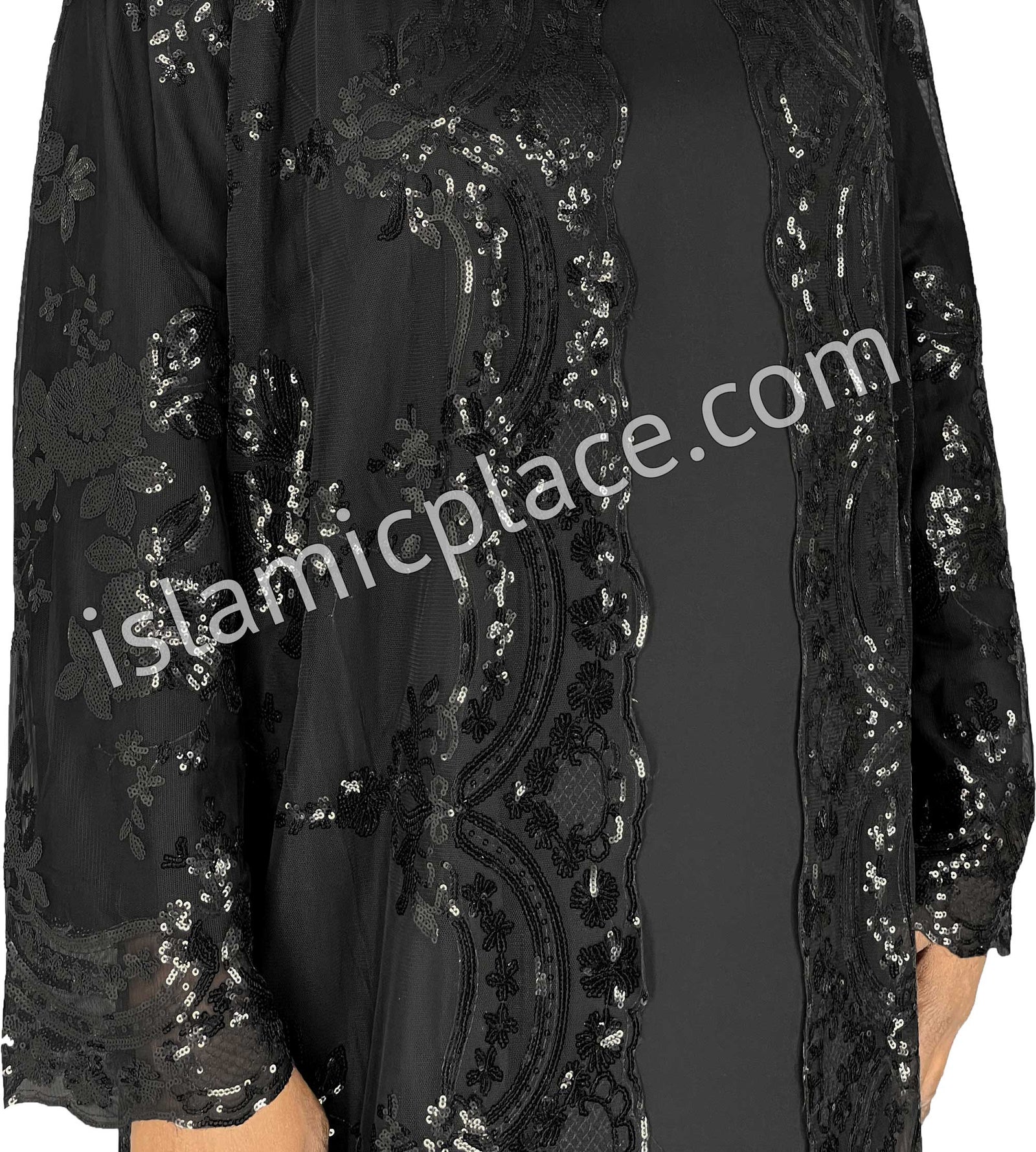 FINAL SALE: Black - Asma Style Sequins Open Abaya Cardigan