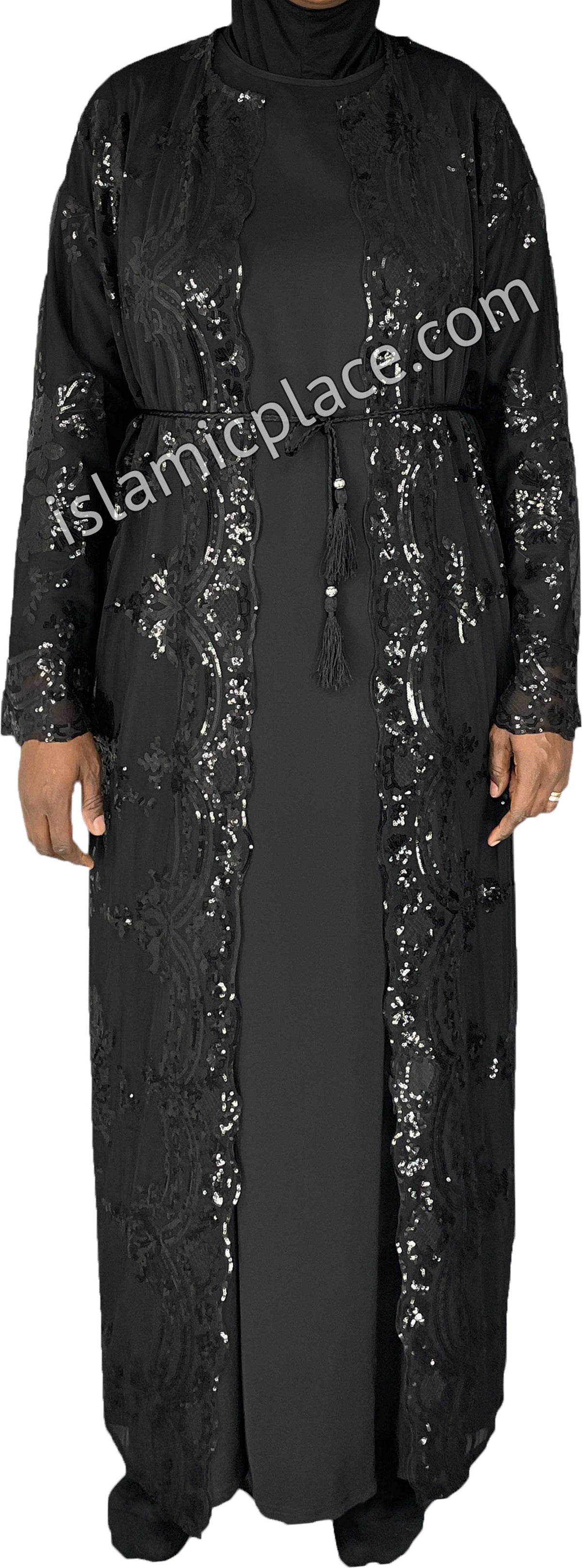 FINAL SALE: Black - Asma Style Sequins Open Abaya Cardigan