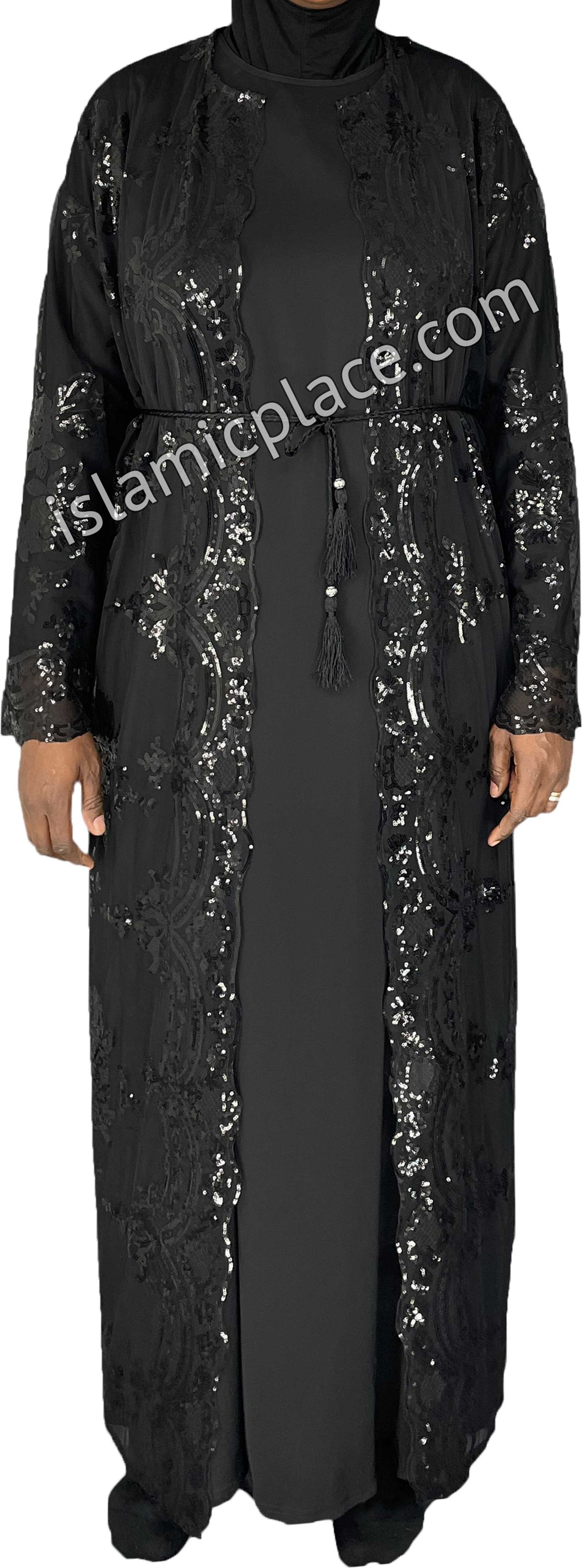 FINAL SALE: Black - Asma Style Sequins Open Abaya Cardigan