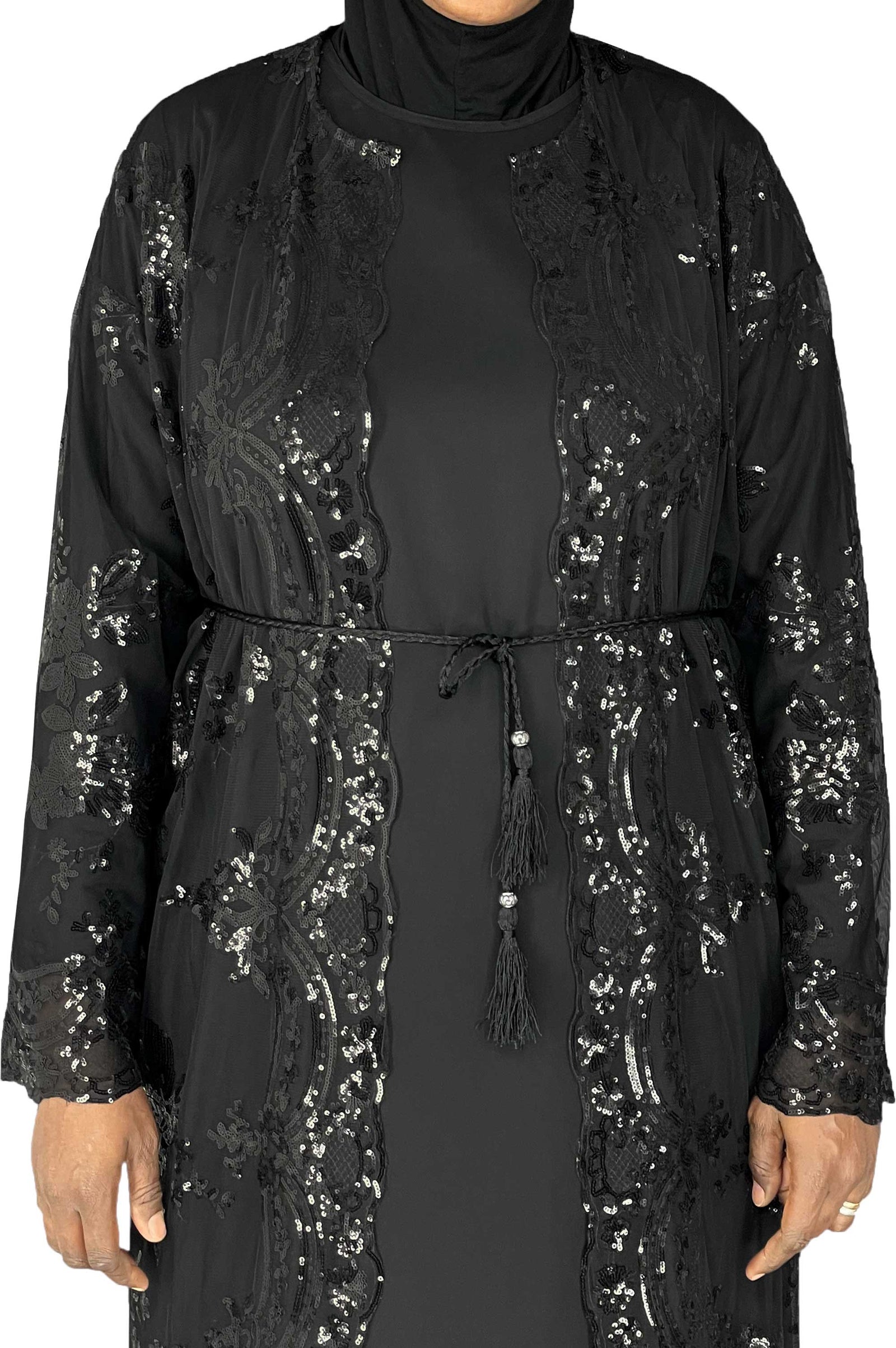 FINAL SALE: Black - Asma Style Sequins Open Abaya Cardigan
