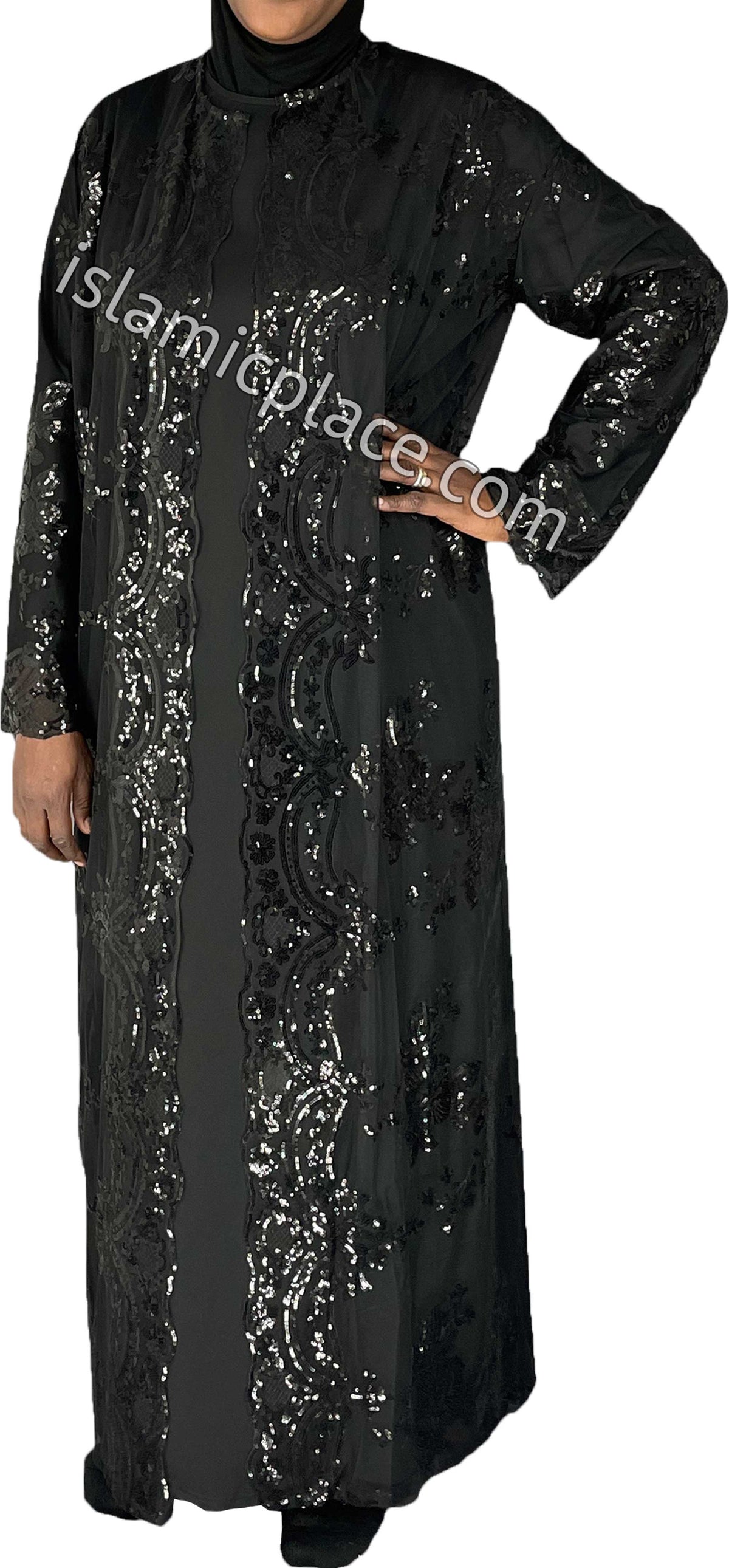 FINAL SALE: Black - Asma Style Sequins Open Abaya Cardigan