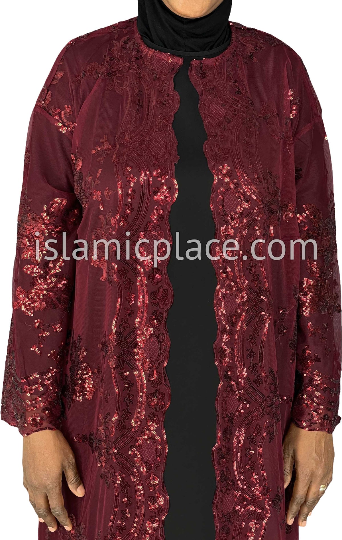 FINAL SALE: Burgundy - Asma Style Sequins Open Abaya Cardigan