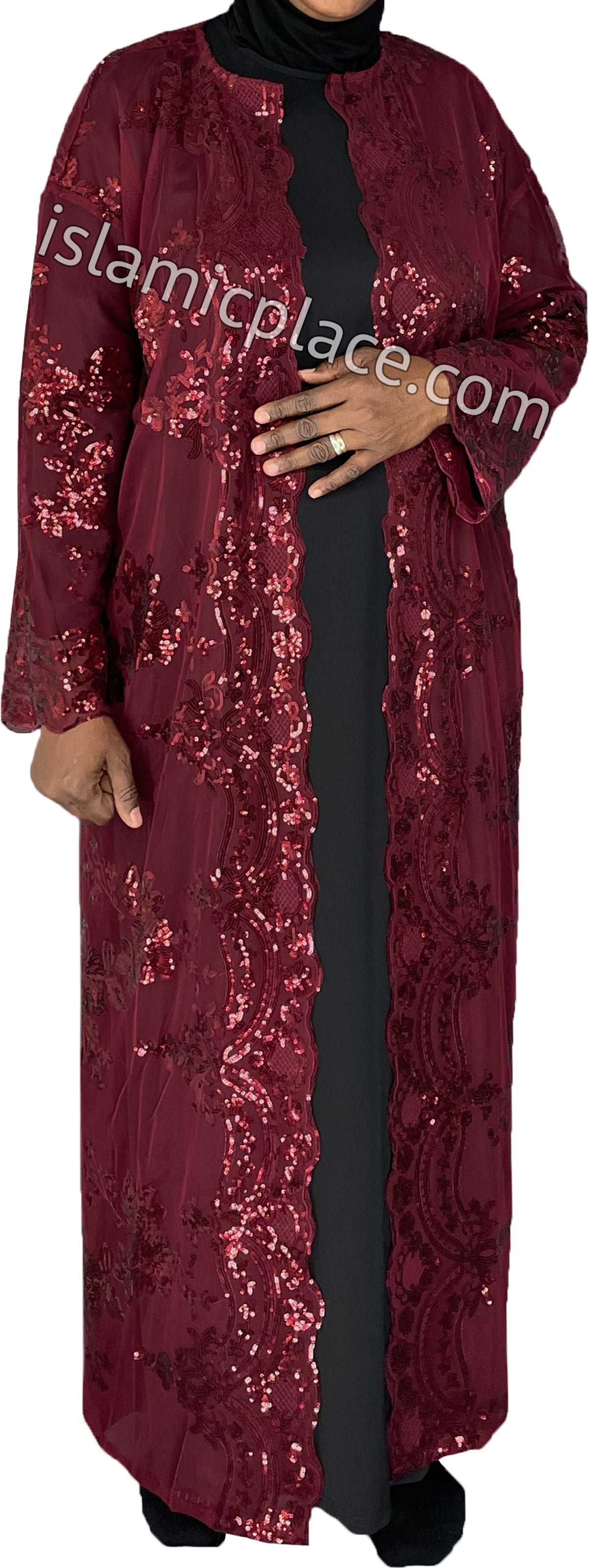 FINAL SALE: Burgundy - Asma Style Sequins Open Abaya Cardigan