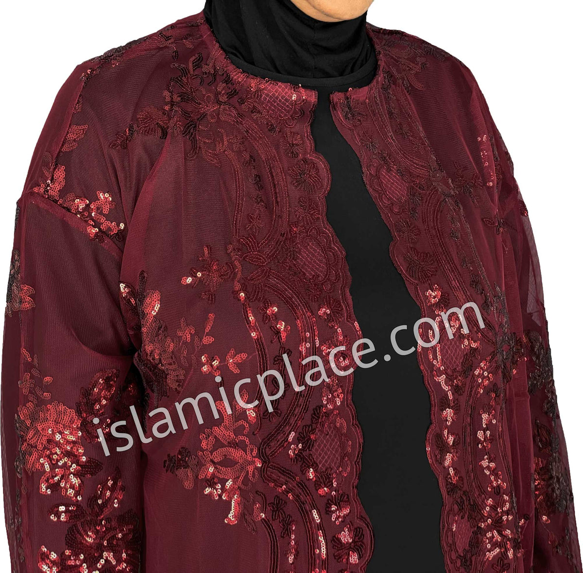 FINAL SALE: Burgundy - Asma Style Sequins Open Abaya Cardigan