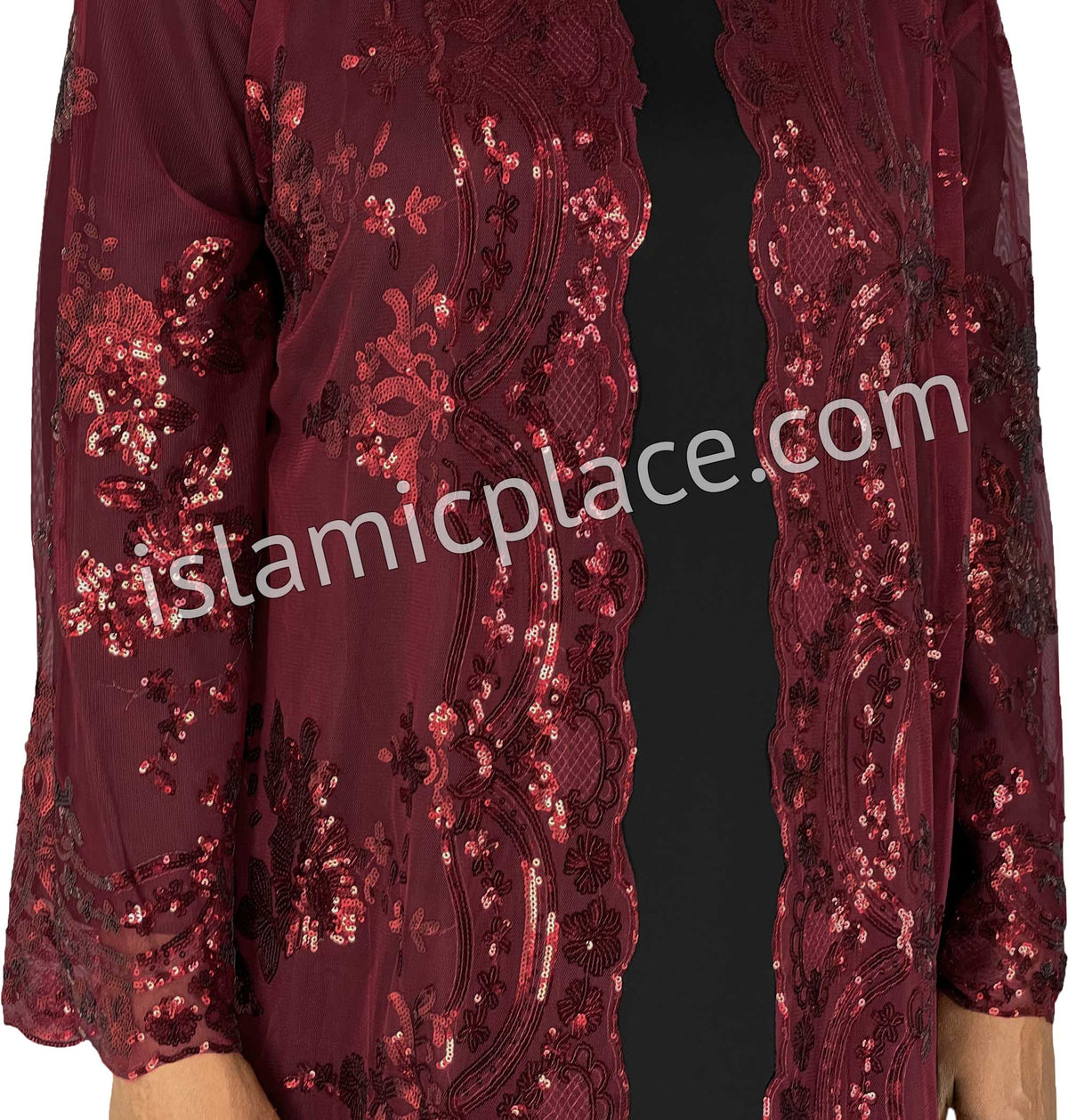 FINAL SALE: Burgundy - Asma Style Sequins Open Abaya Cardigan