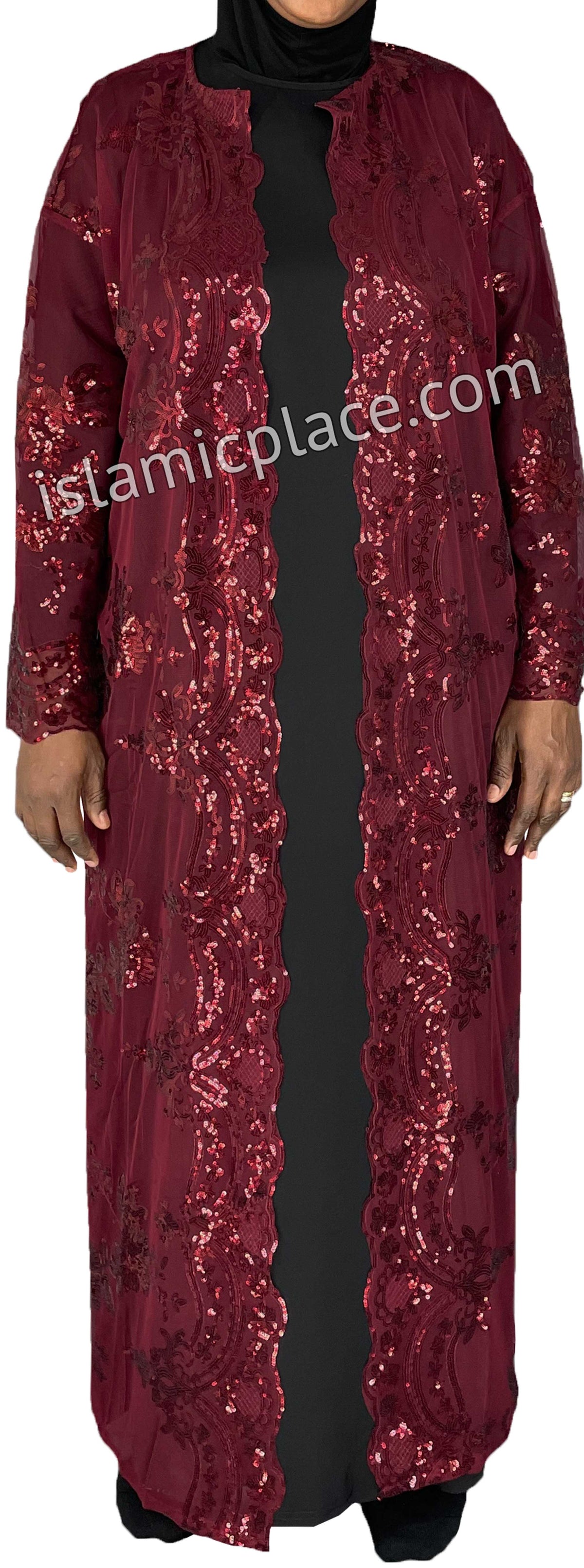 FINAL SALE: Burgundy - Asma Style Sequins Open Abaya Cardigan