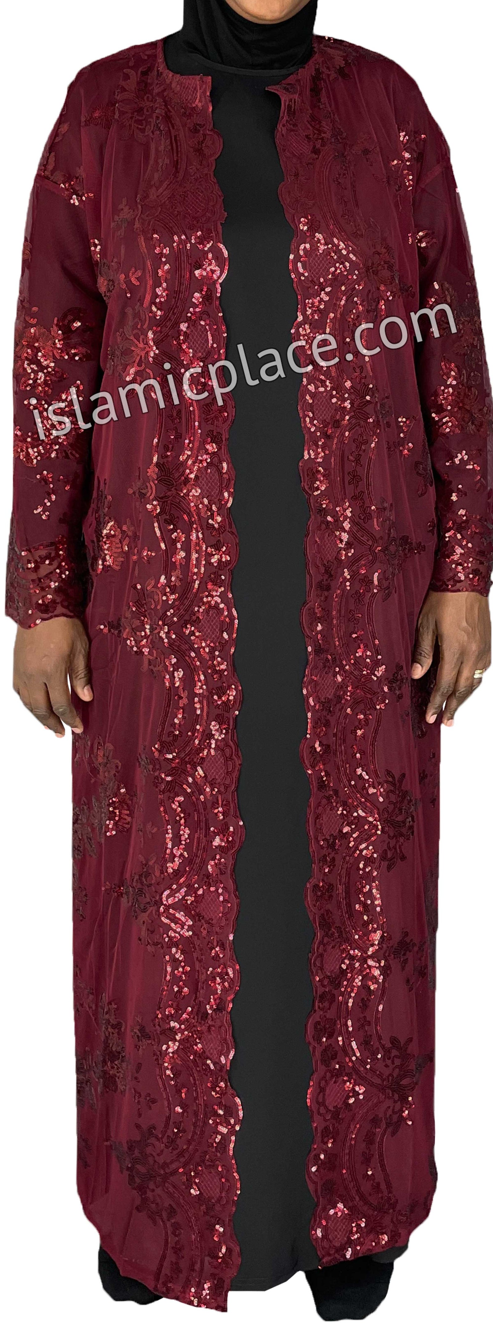 FINAL SALE: Burgundy - Asma Style Sequins Open Abaya Cardigan