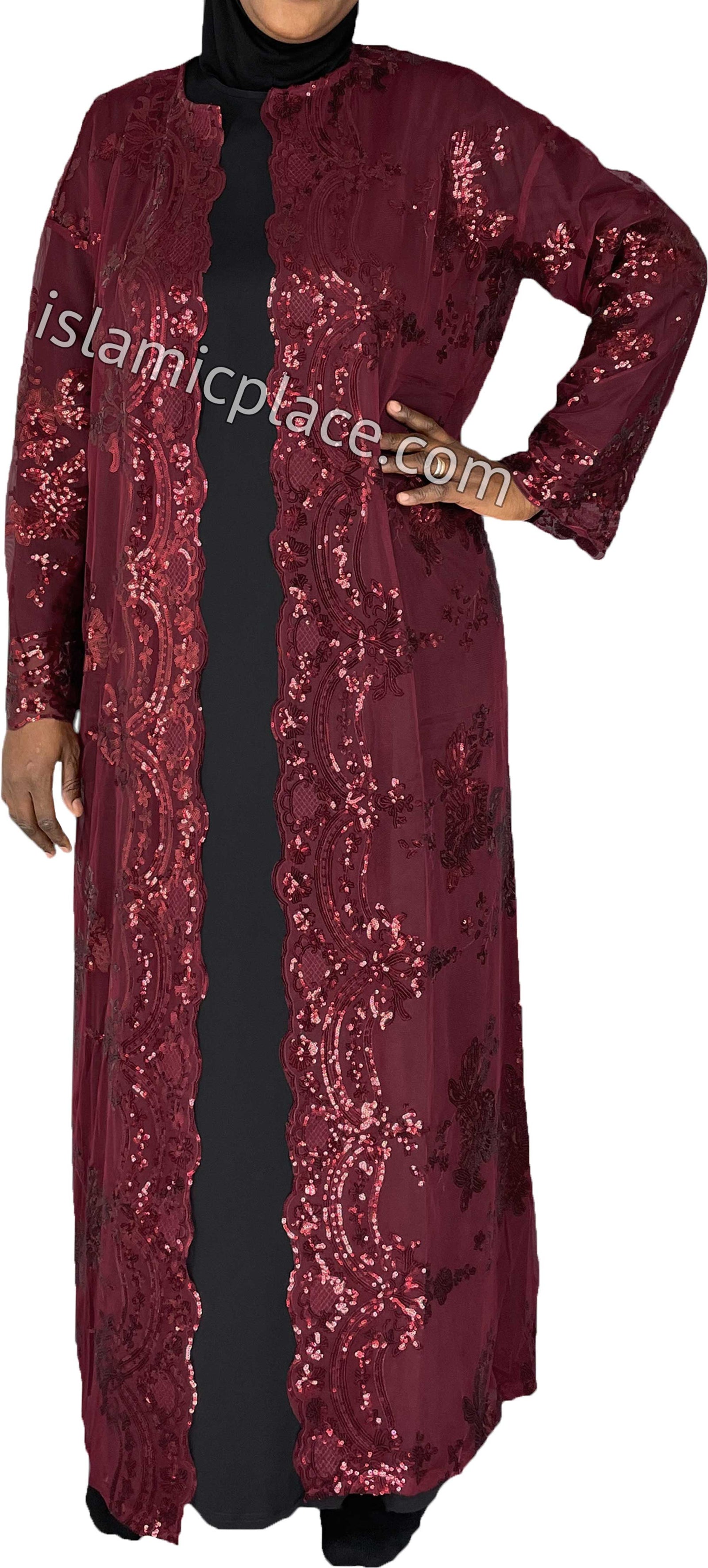 FINAL SALE: Burgundy - Asma Style Sequins Open Abaya Cardigan