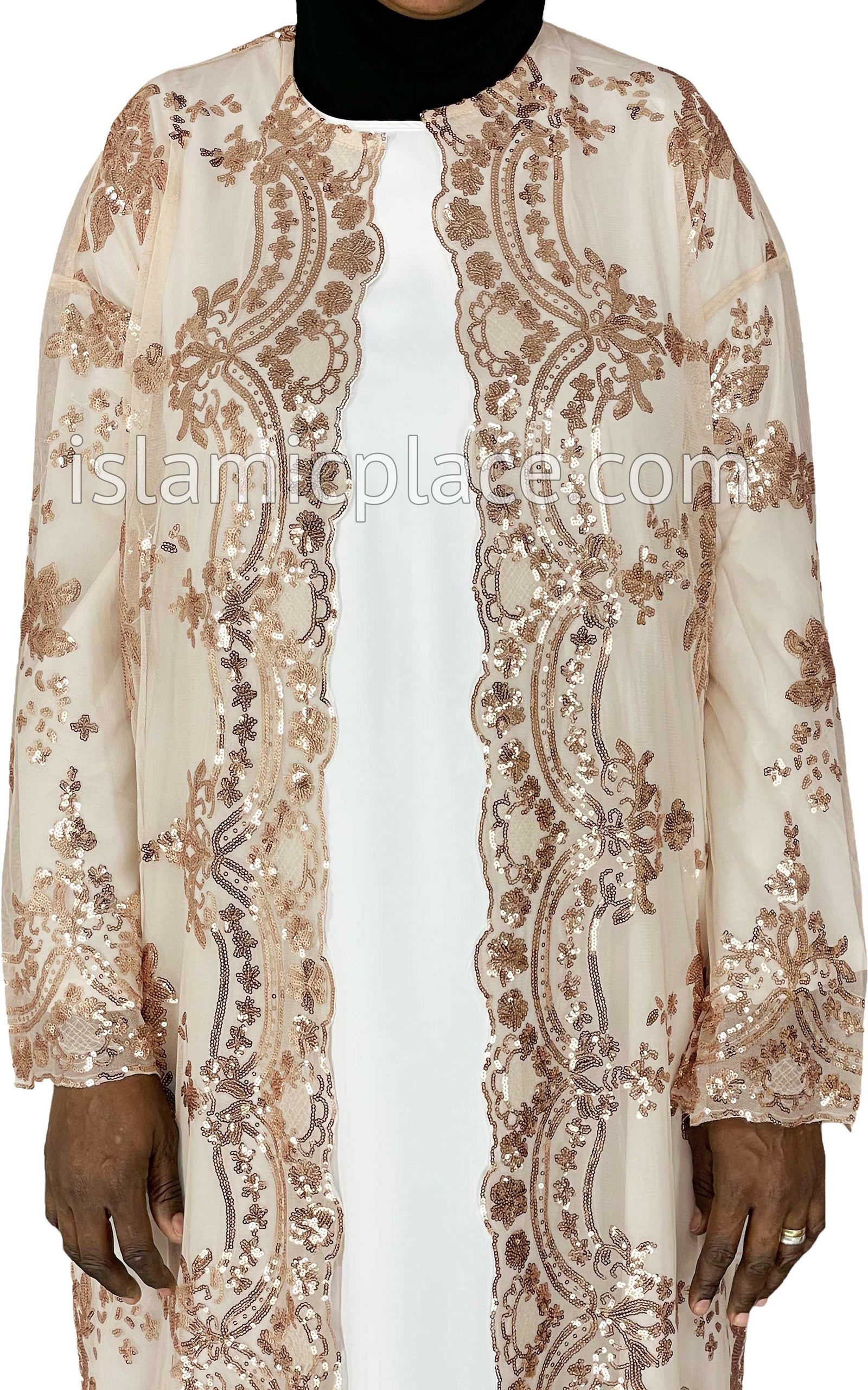 FINAL SALE: Gold - Asma Style Sequins Open Abaya Cardigan