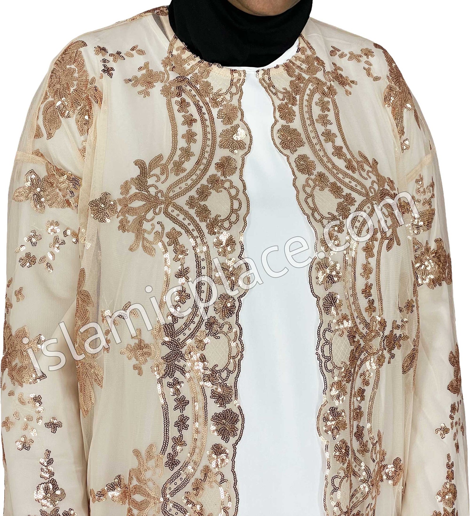 FINAL SALE: Gold - Asma Style Sequins Open Abaya Cardigan