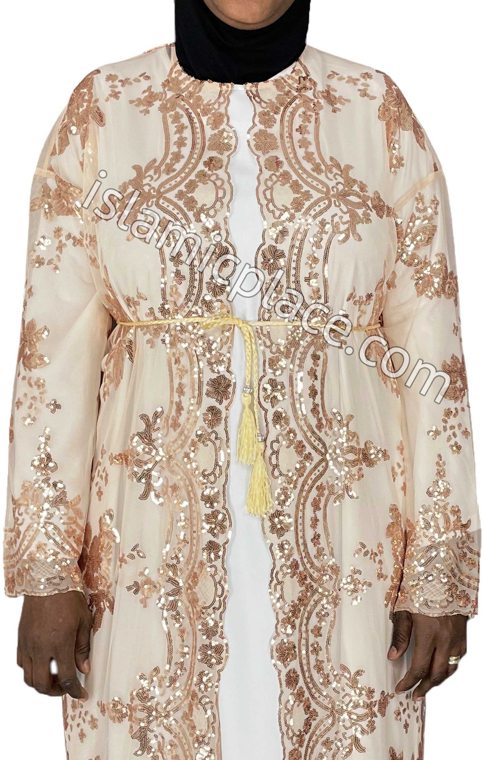 FINAL SALE: Gold - Asma Style Sequins Open Abaya Cardigan