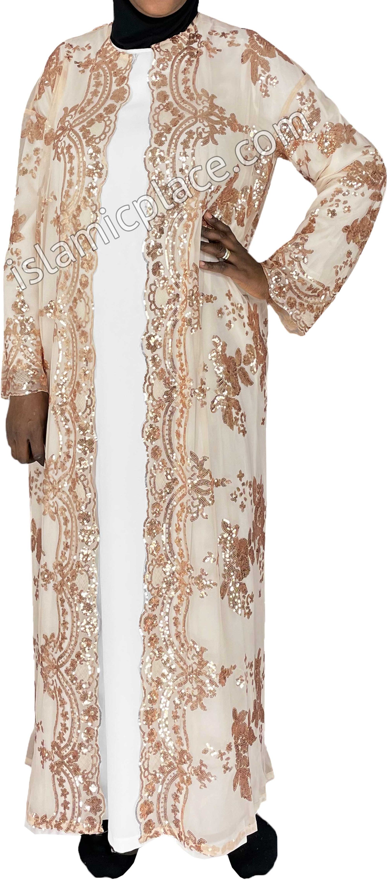 FINAL SALE: Gold - Asma Style Sequins Open Abaya Cardigan
