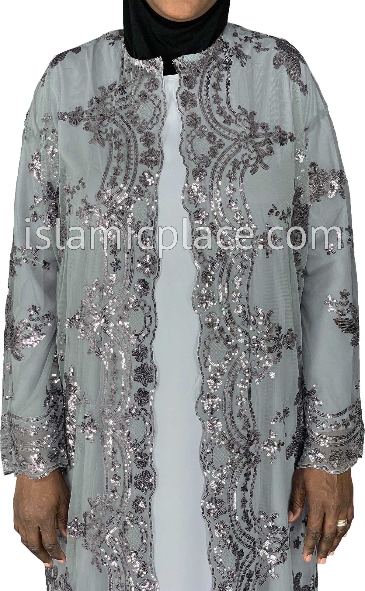 FINAL SALE: Gray - Asma Style Sequins Open Abaya Cardigan
