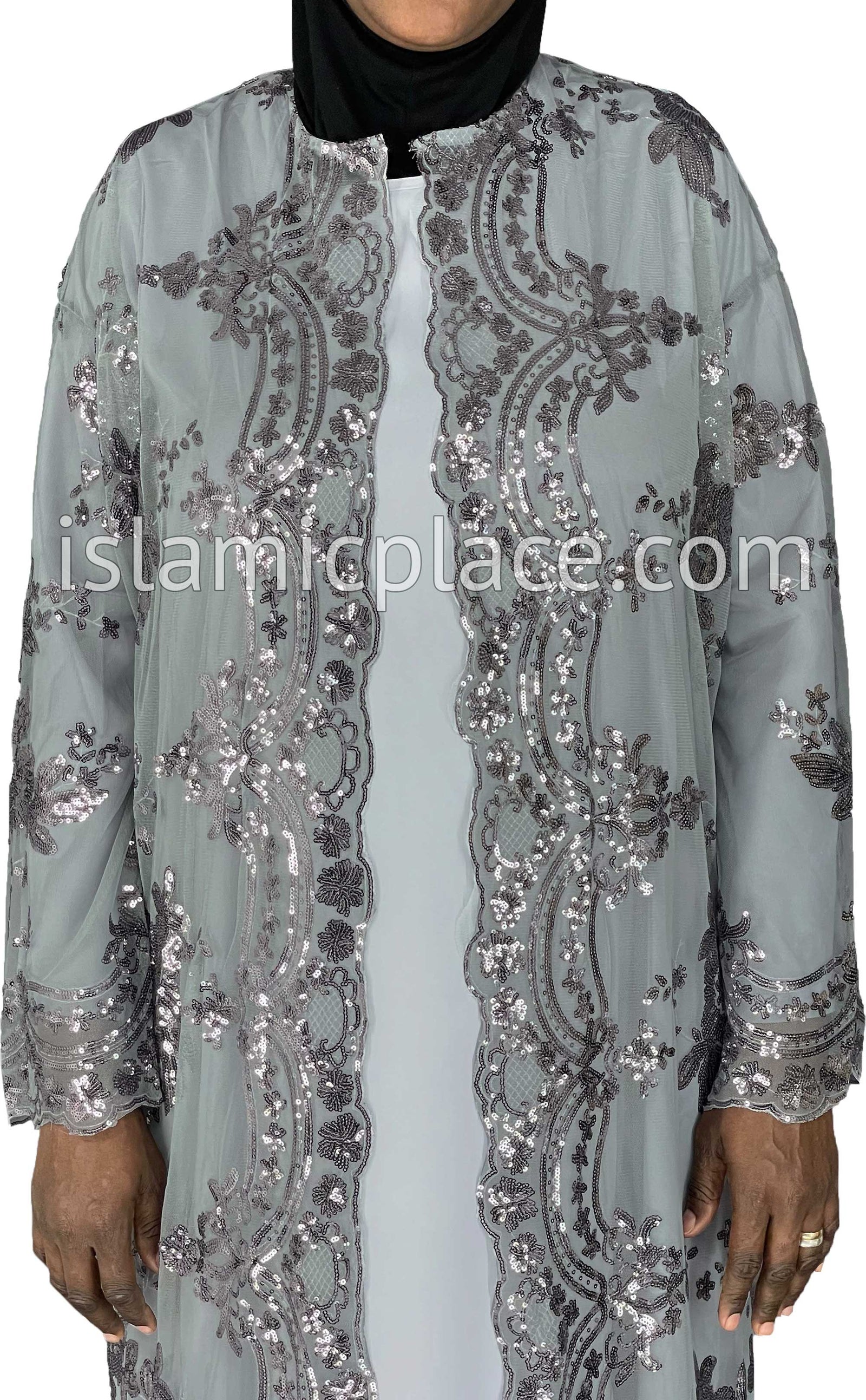 FINAL SALE: Gray - Asma Style Sequins Open Abaya Cardigan