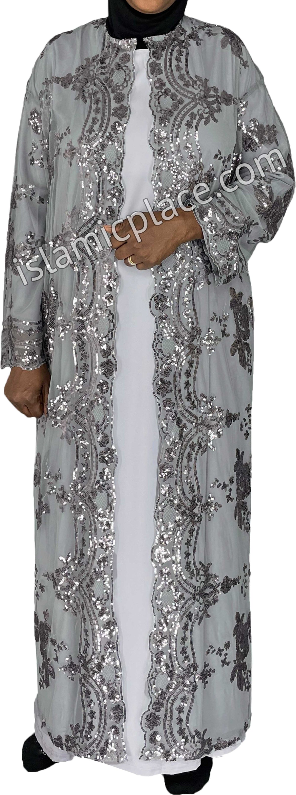 FINAL SALE: Gray - Asma Style Sequins Open Abaya Cardigan