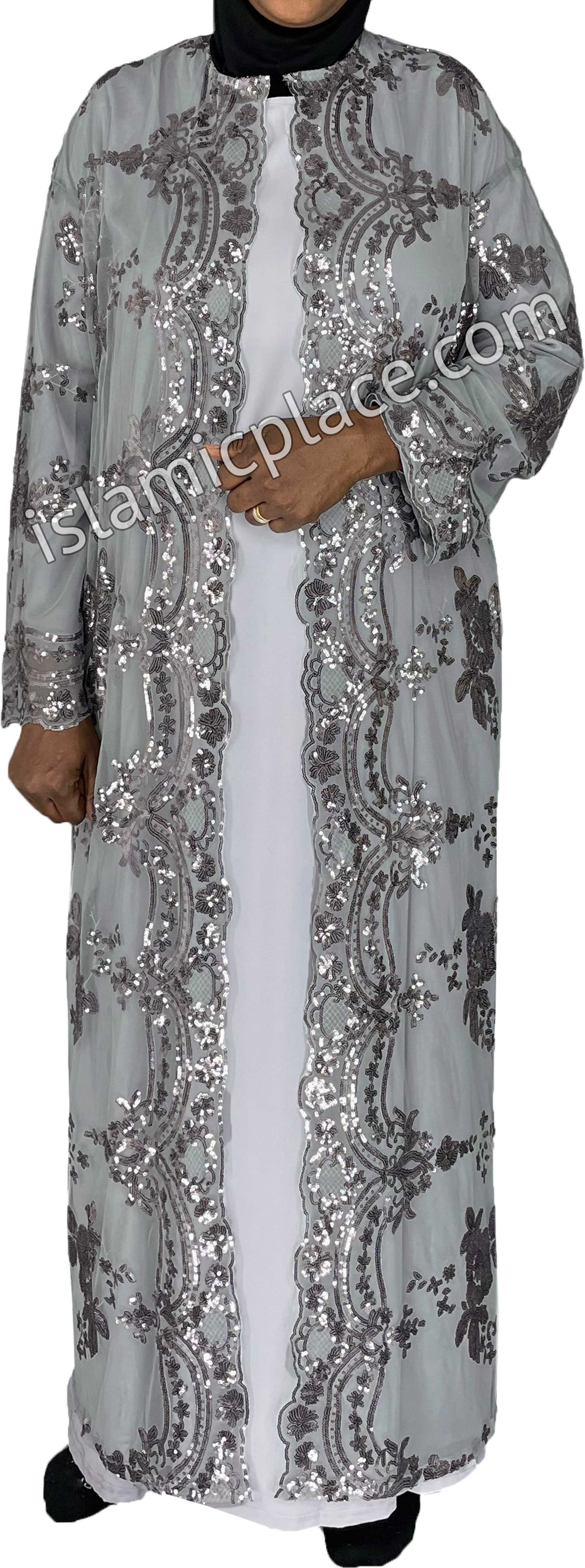 FINAL SALE: Gray - Asma Style Sequins Open Abaya Cardigan