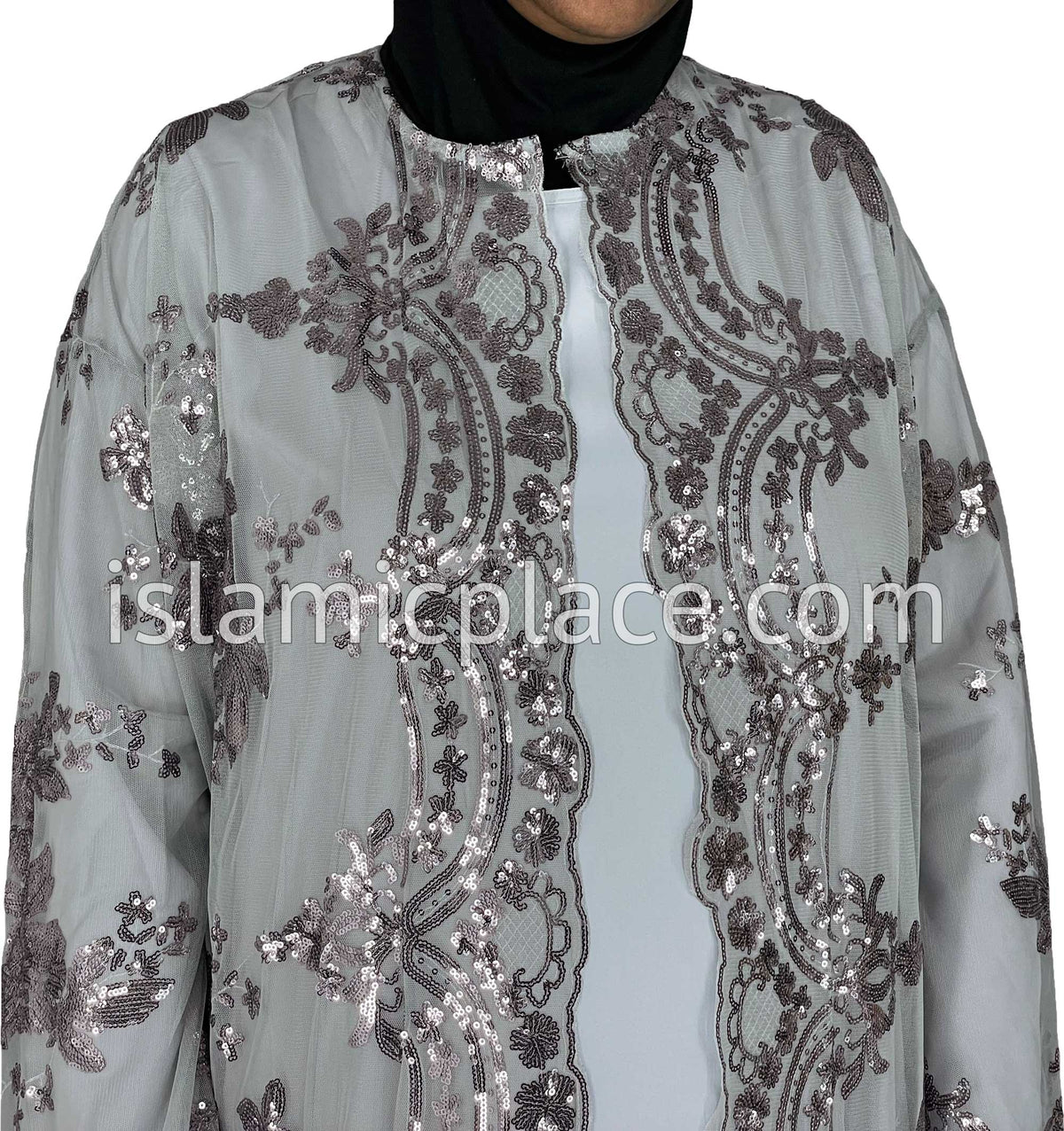 FINAL SALE: Gray - Asma Style Sequins Open Abaya Cardigan
