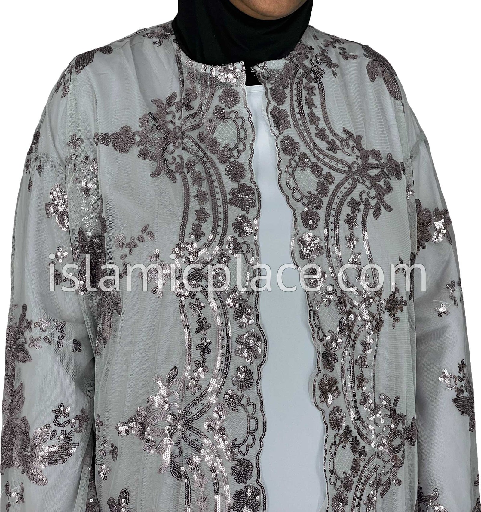 FINAL SALE: Gray - Asma Style Sequins Open Abaya Cardigan